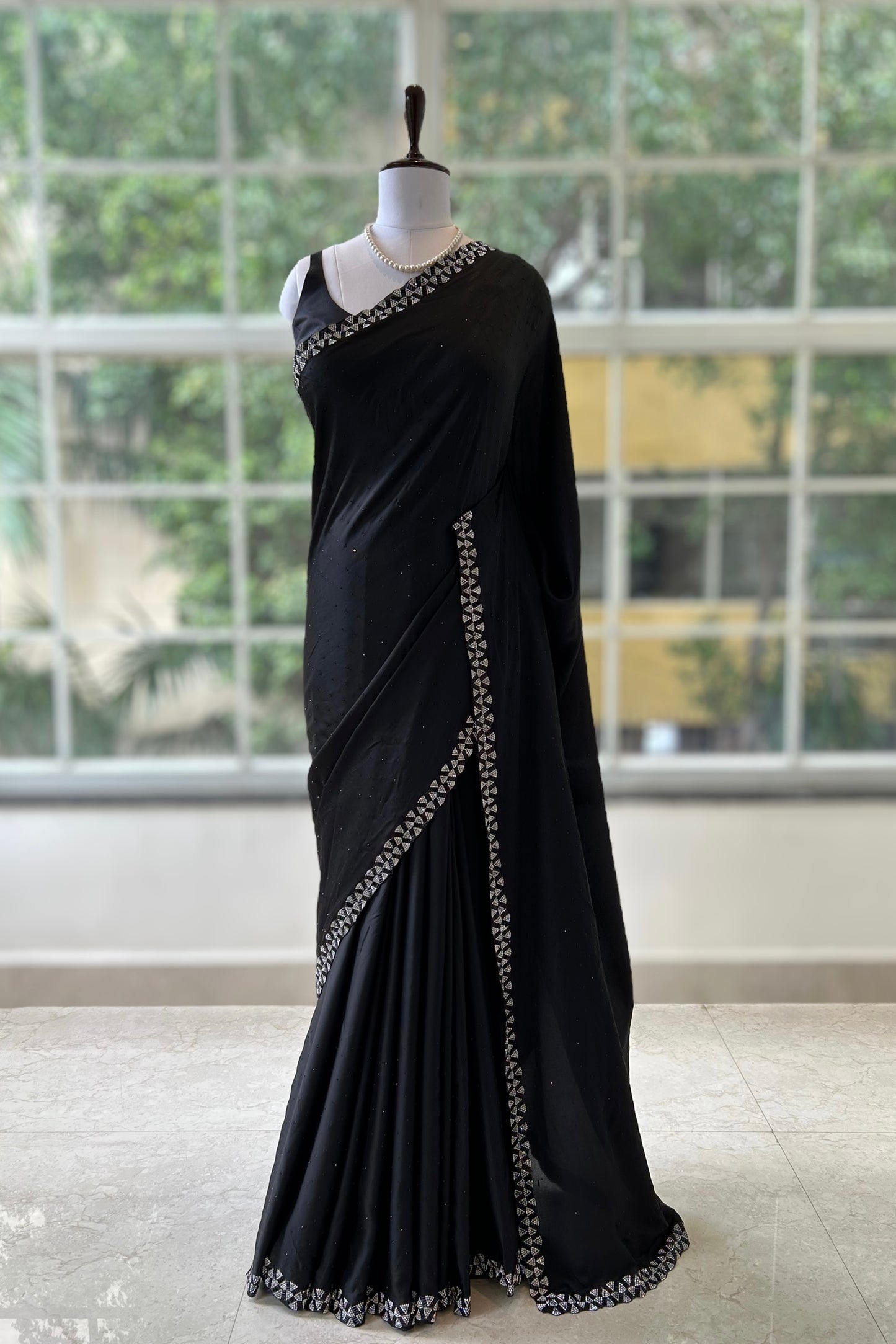 Black swarovski satin saree