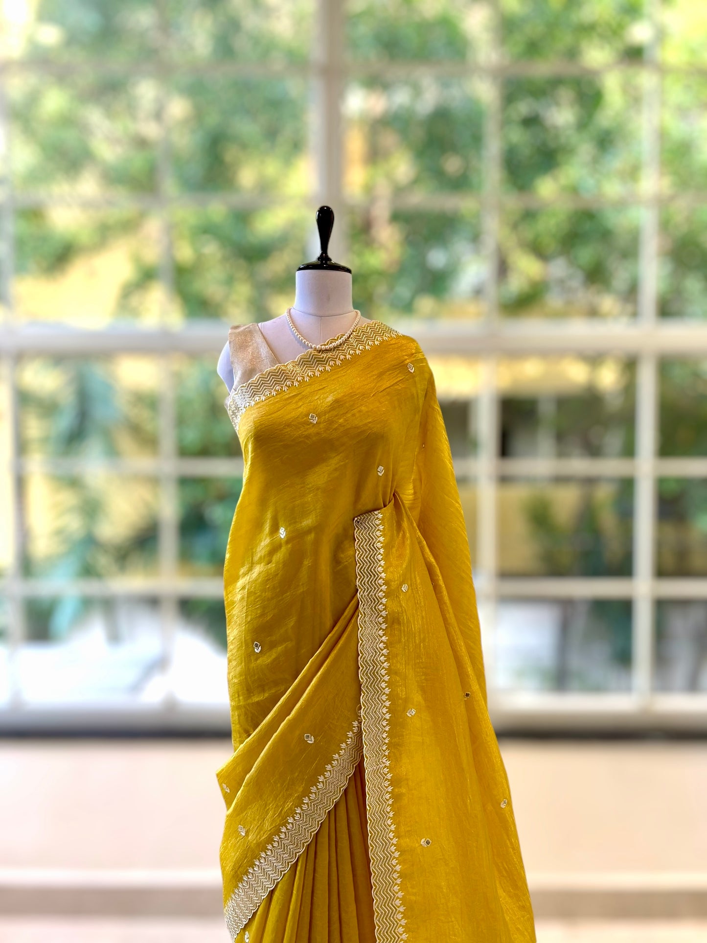 Threadwork organza saree - Yellow