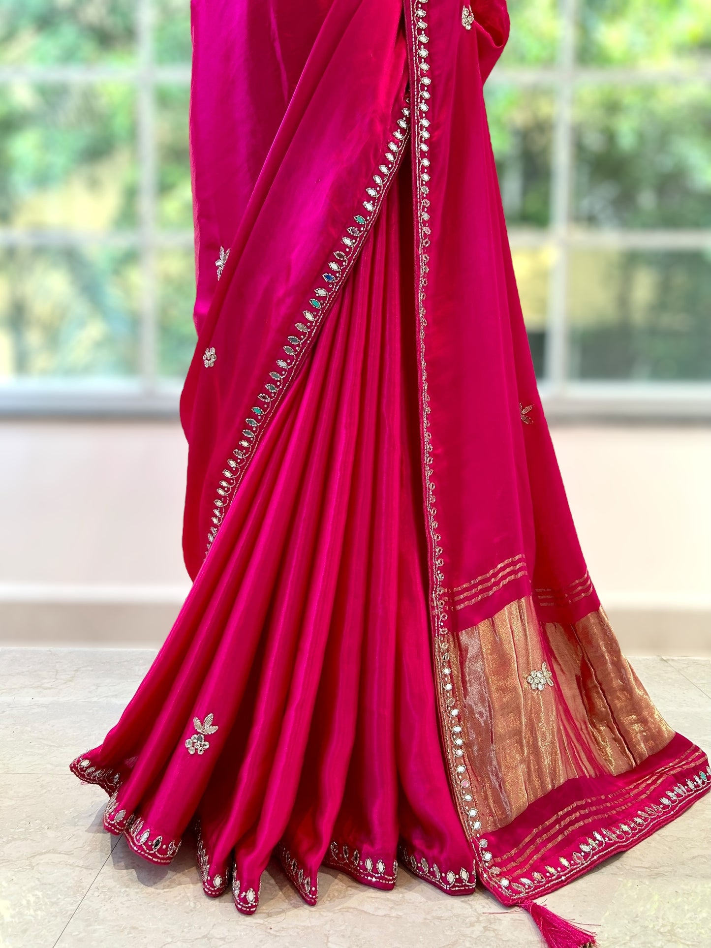 Modal satin mirror work saree - Pink