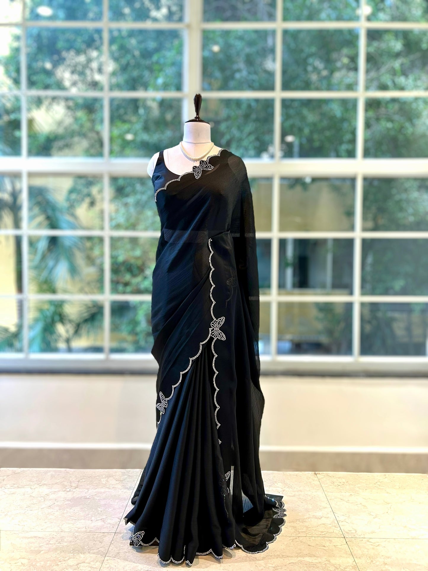 Butterfly swarovski embellished chiffon saree - Black