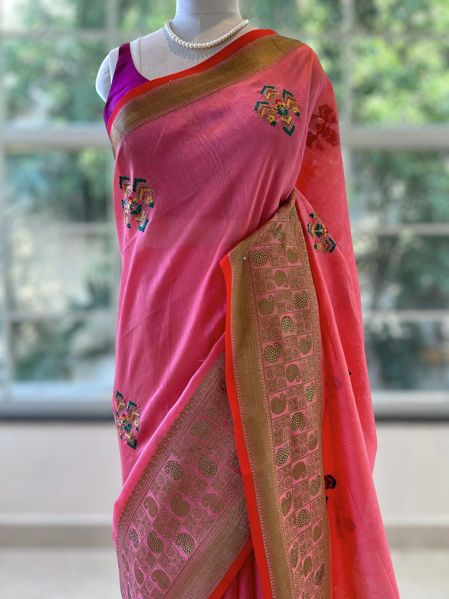 Cotton Embroidered Saree - Pink