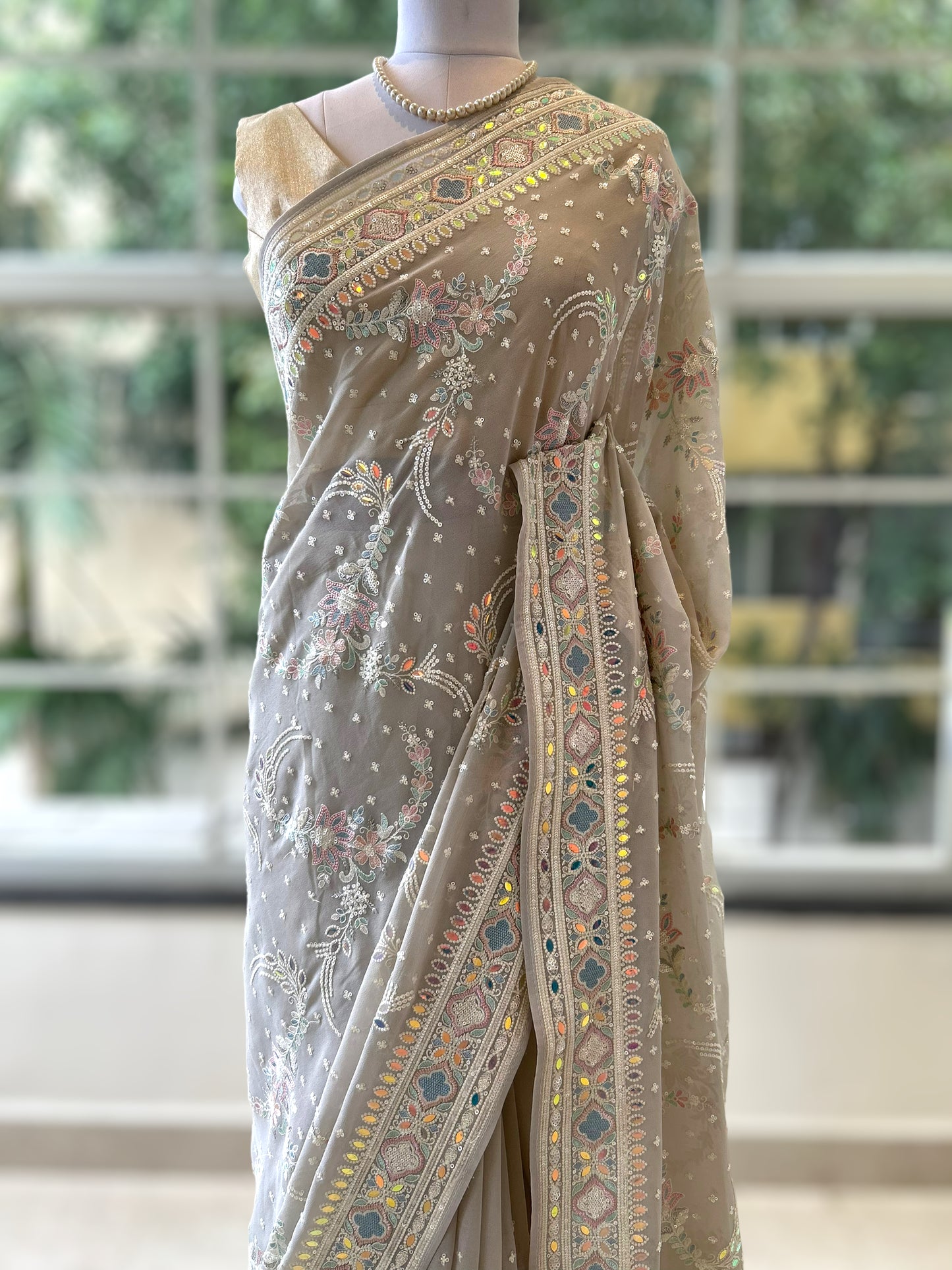 Grey sequins embroidered georgette saree