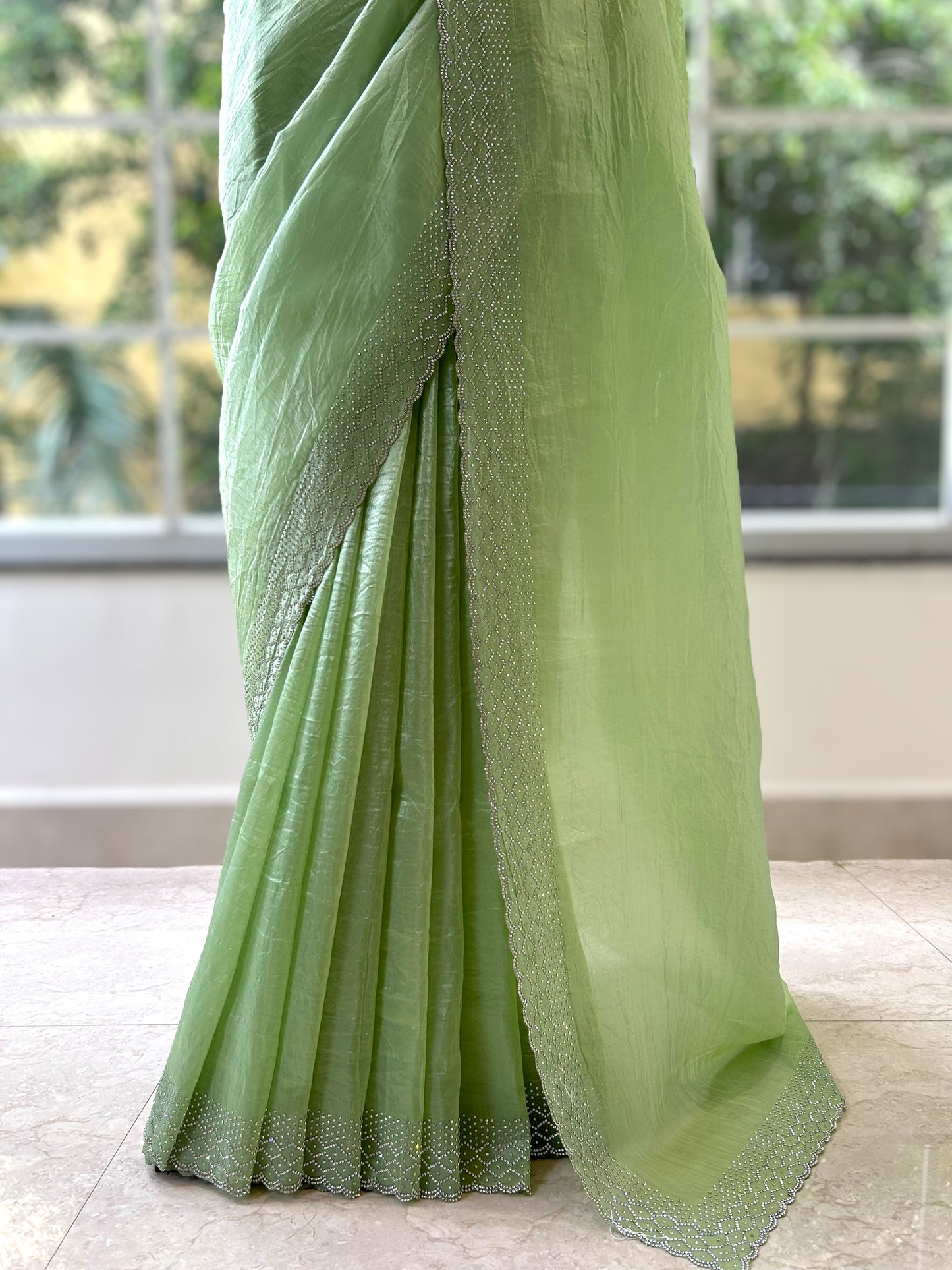 Soft crushed organza saree - Green