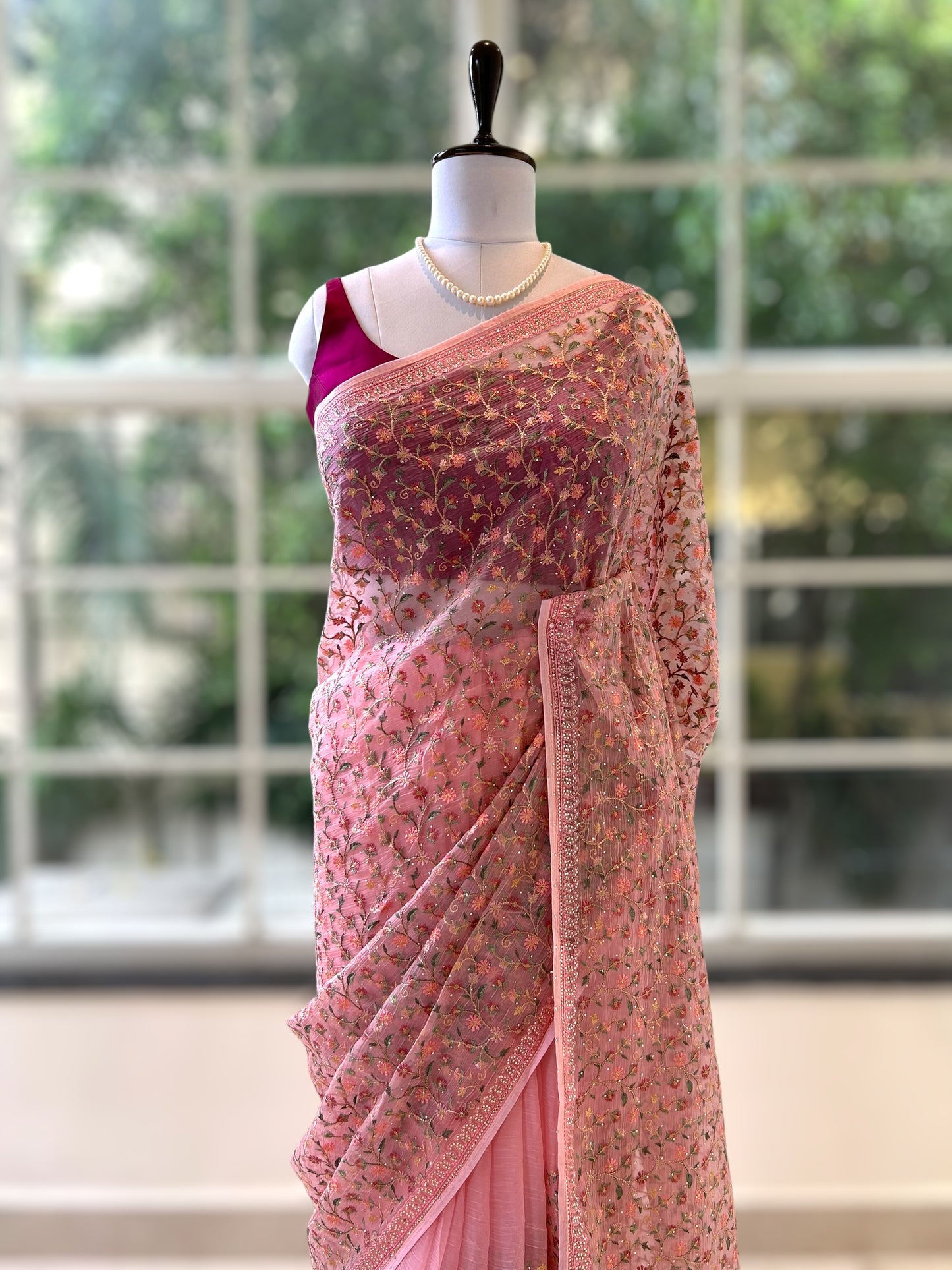 Floral embroidered chiffon saree - Pink