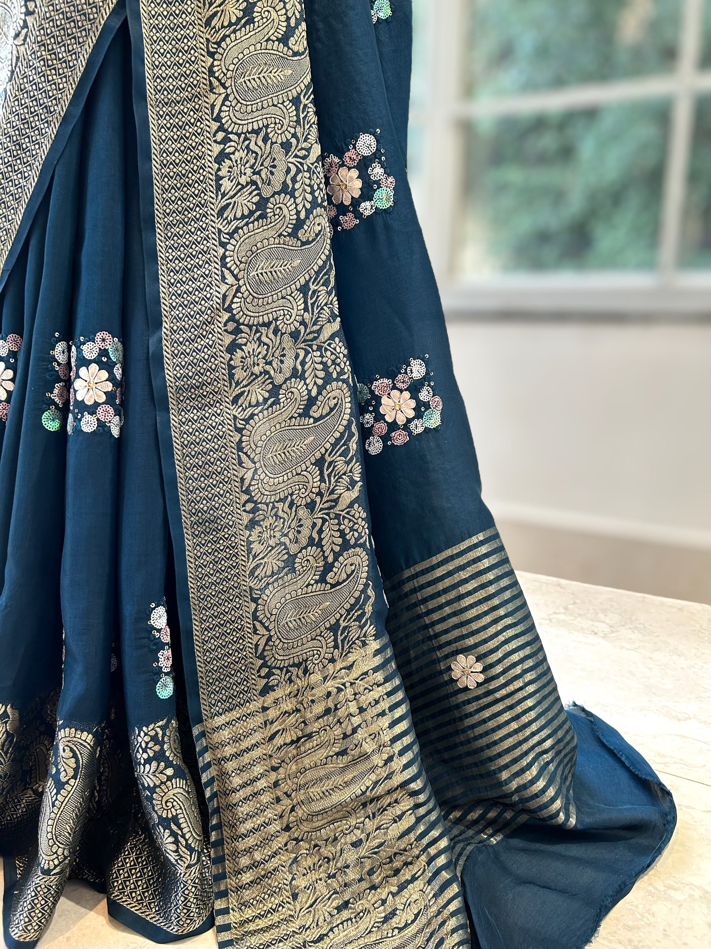 Navy blue russian zari saree