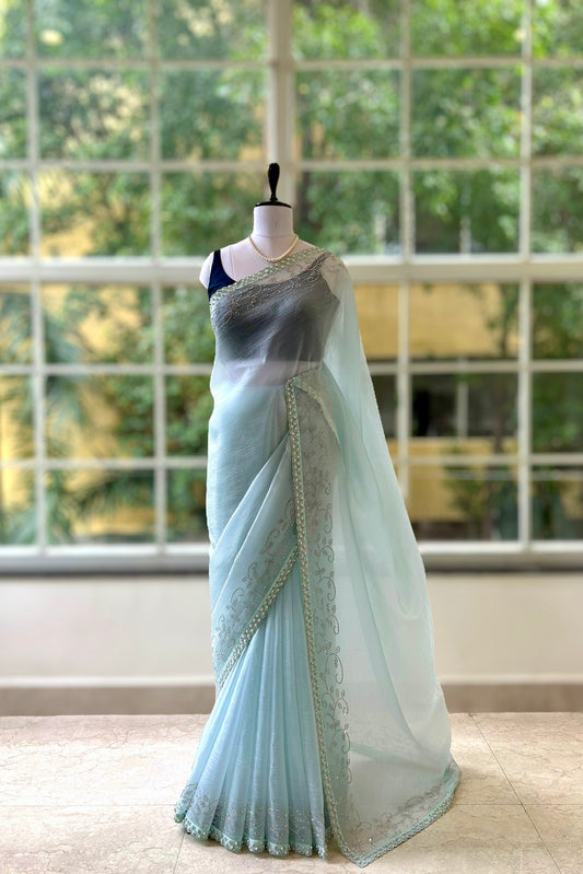 Sequins pearl embellished saree - Sky blue