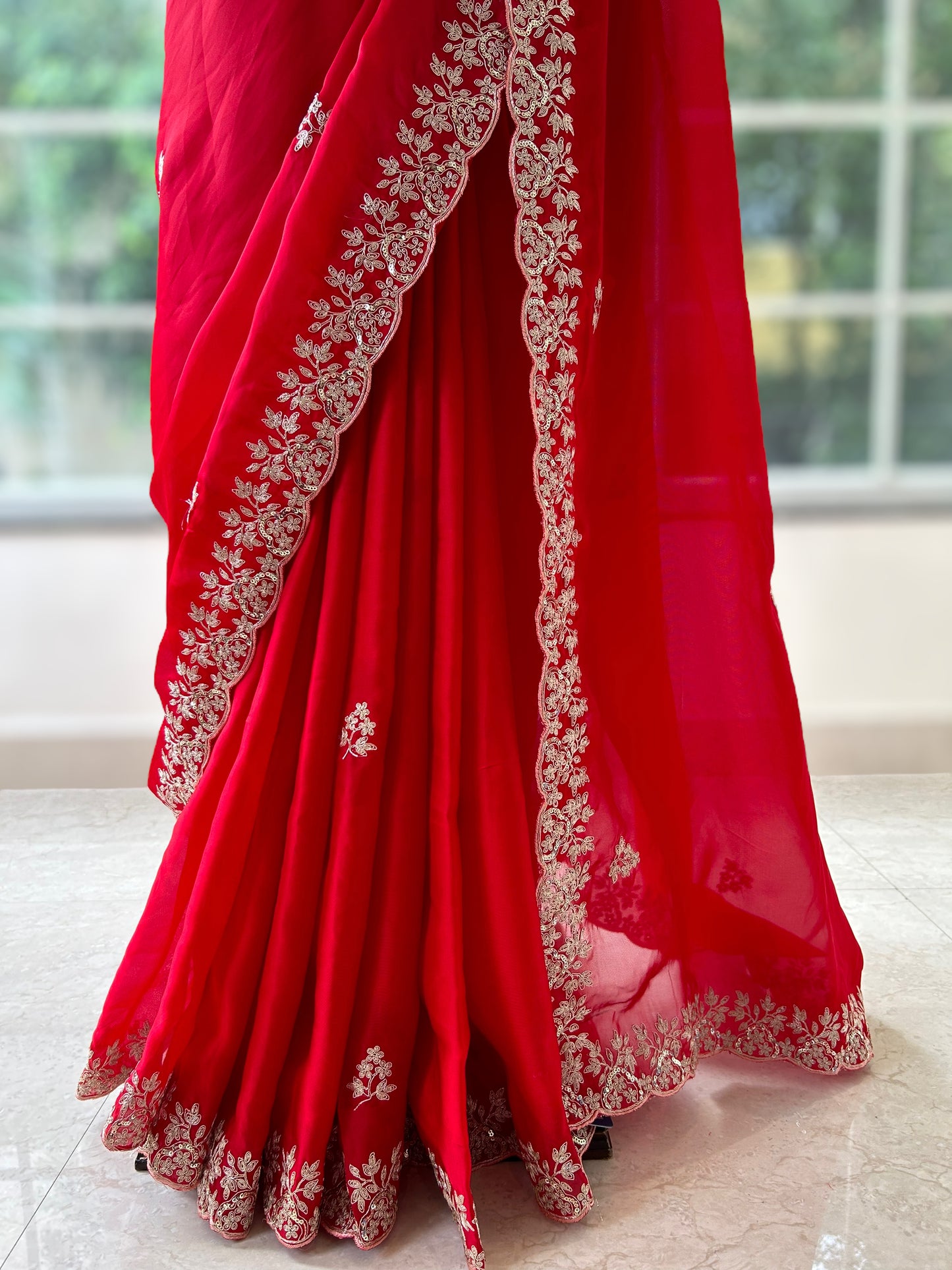 Satin chiffon aari work saree - Red