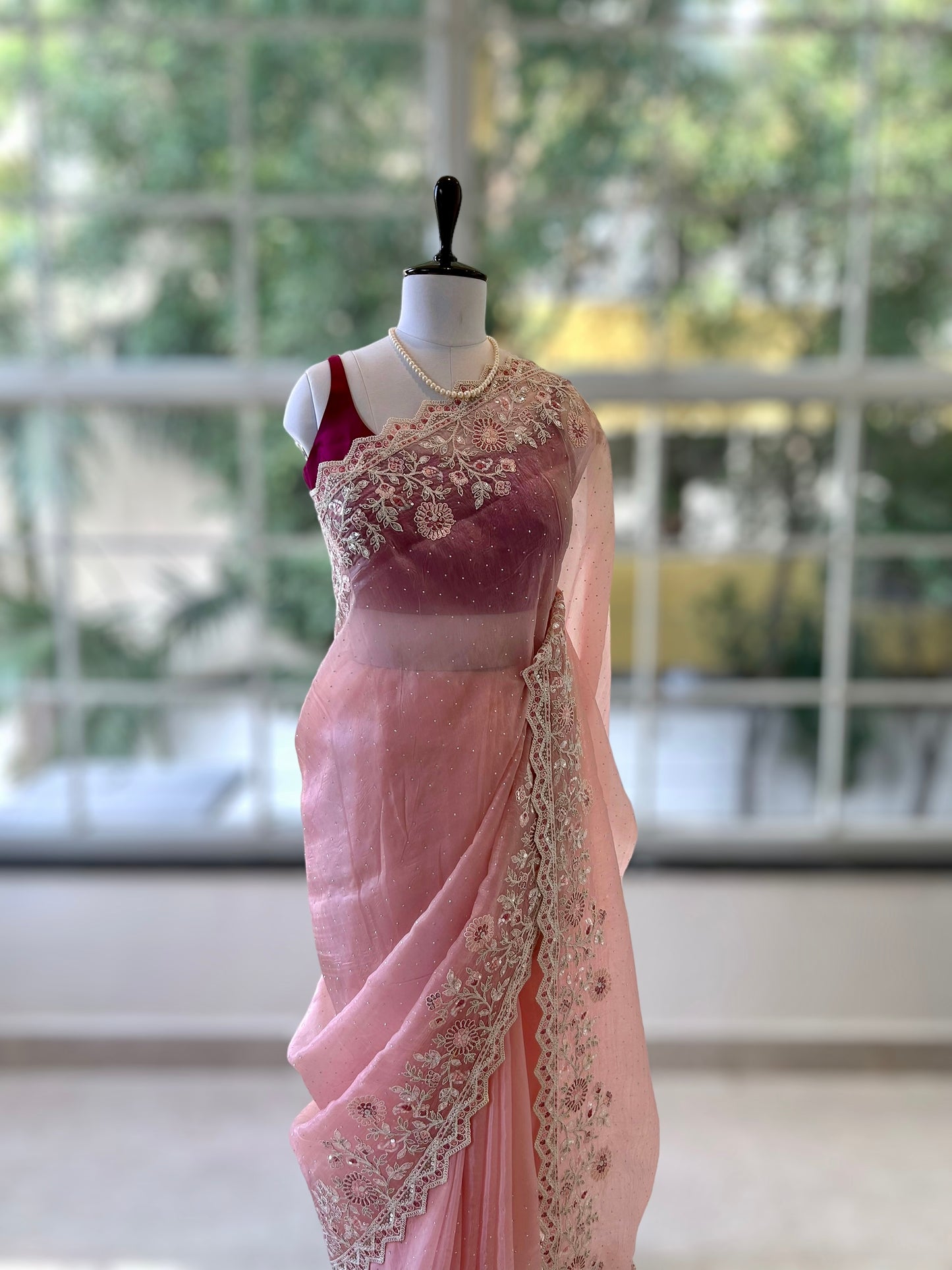 Baby pink threadwork organza saree