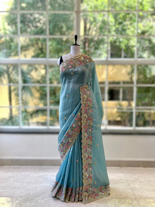 Pearl embroidered organza saree - Sky Blue