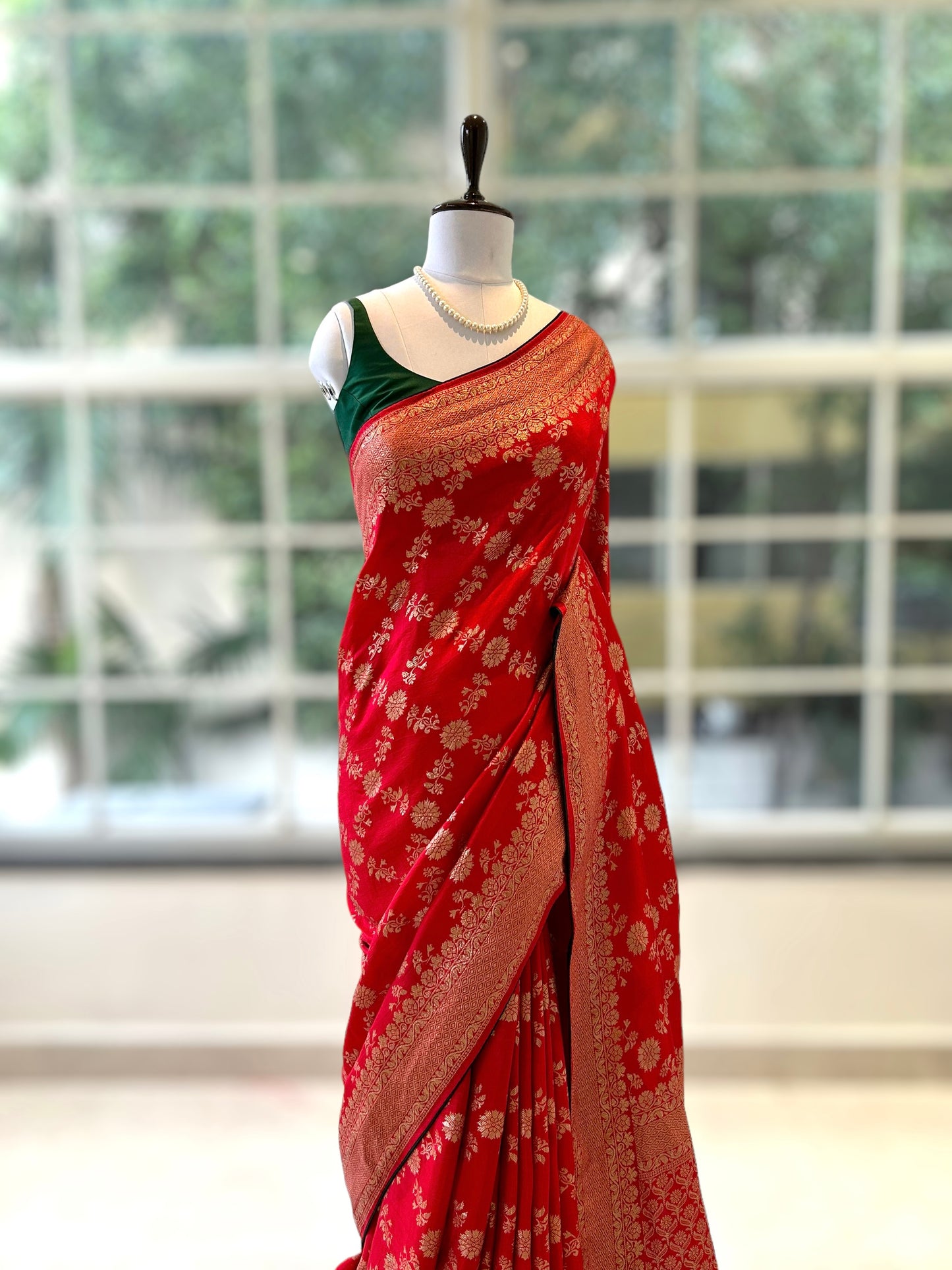 Red checks zari work saree