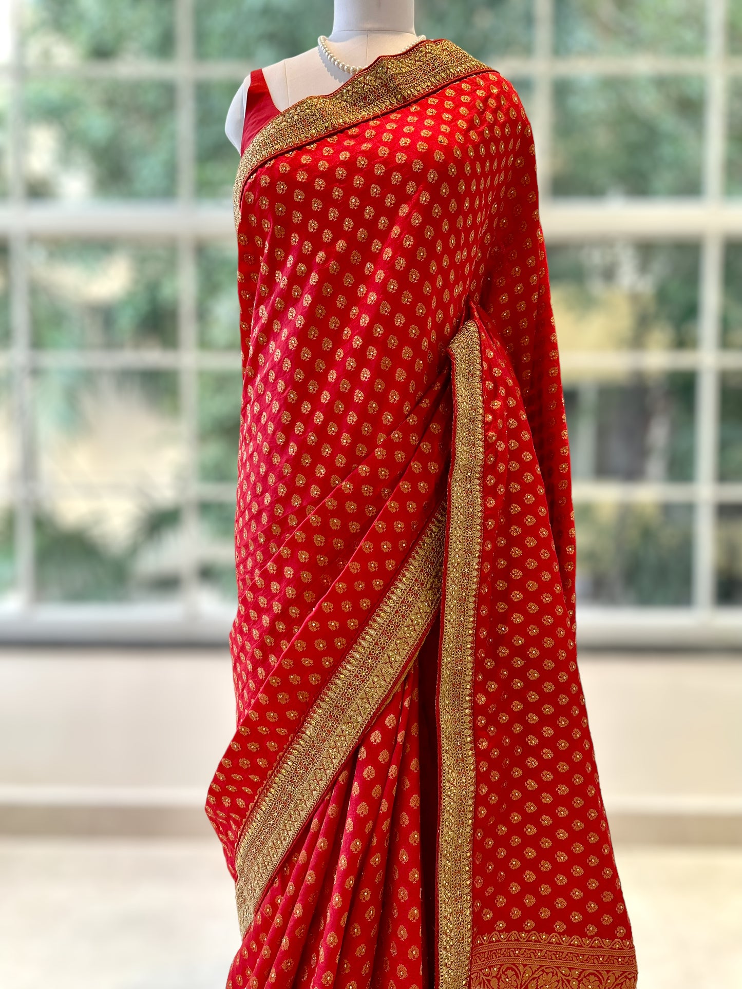 Red cotton silk buti saree