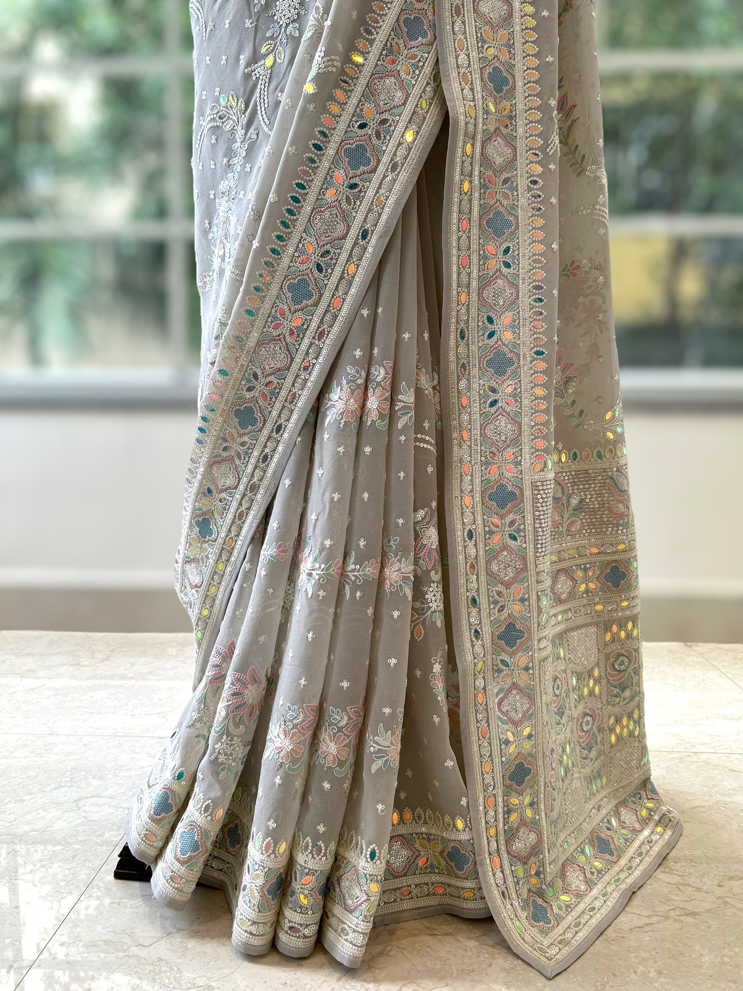 Grey sequins embroidered georgette saree