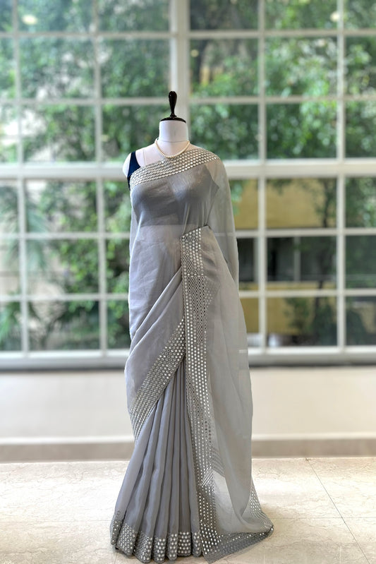 Grey mirror work organza saree