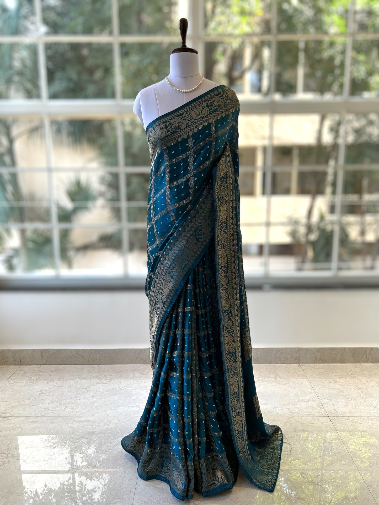 Teal blue modal satin saree