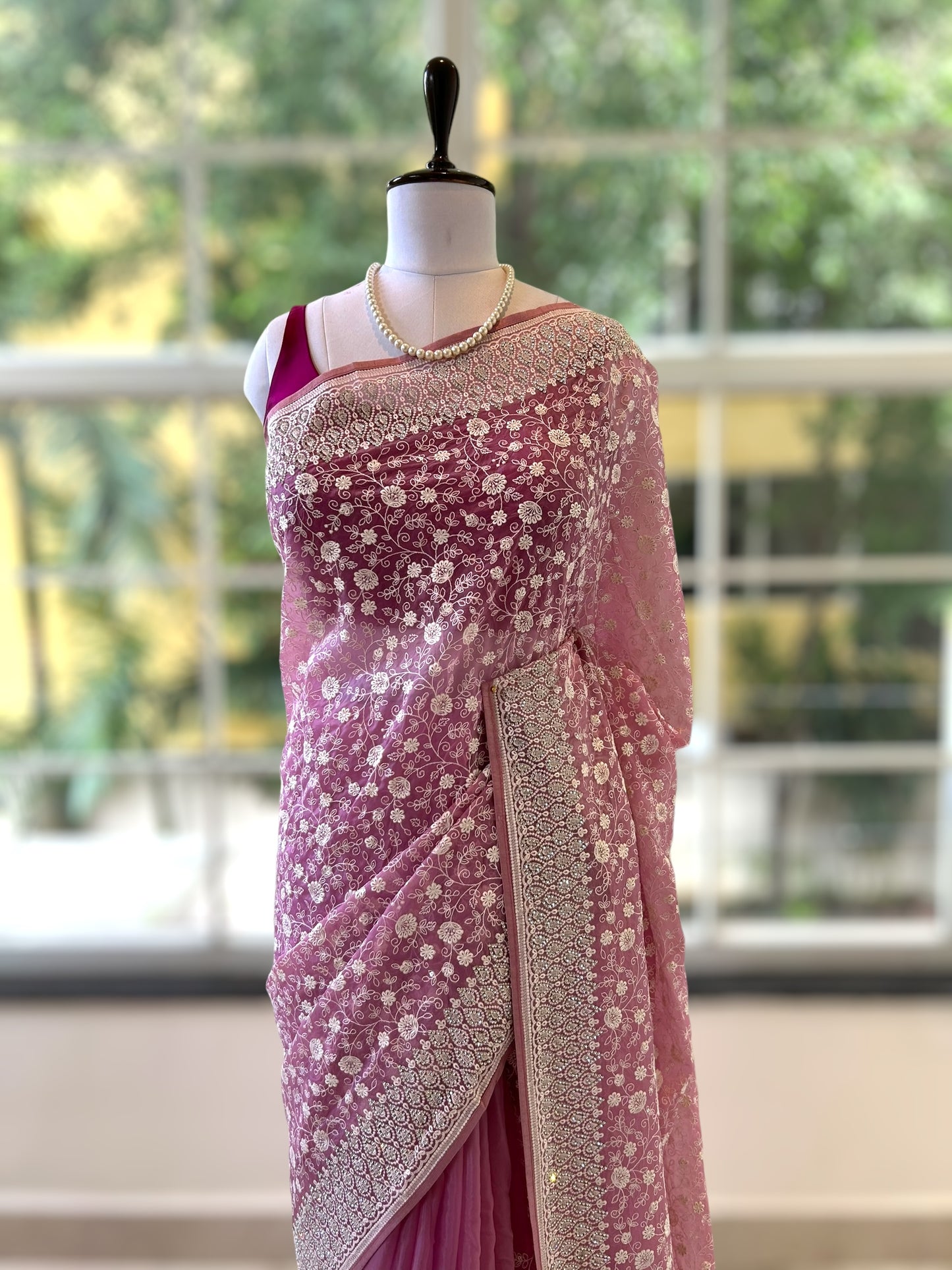 Floral embroidered organza saree - Pink