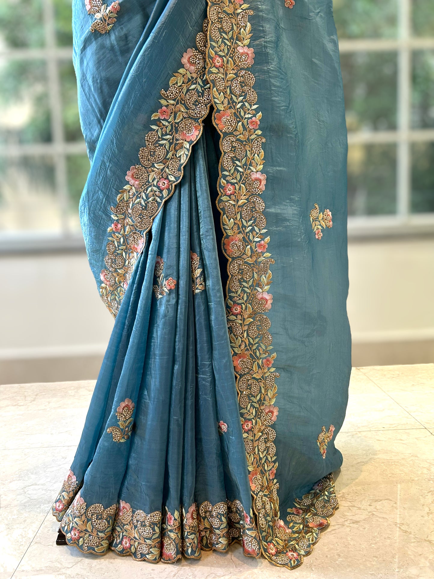 Marine blue swarovski embroidered saree