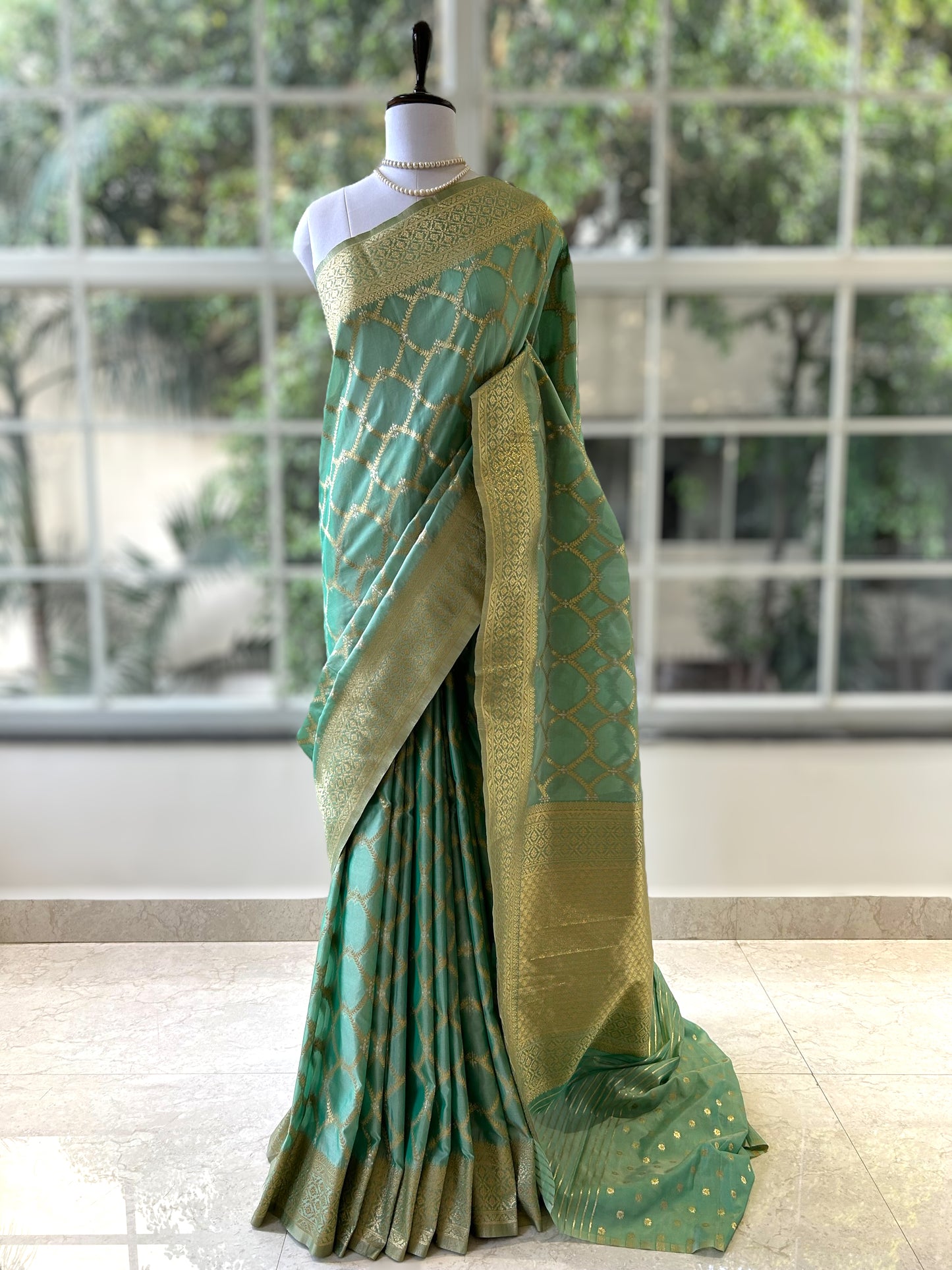 Sea green crepe silk saree