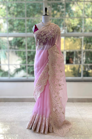 Organza zariwork saree - Pink