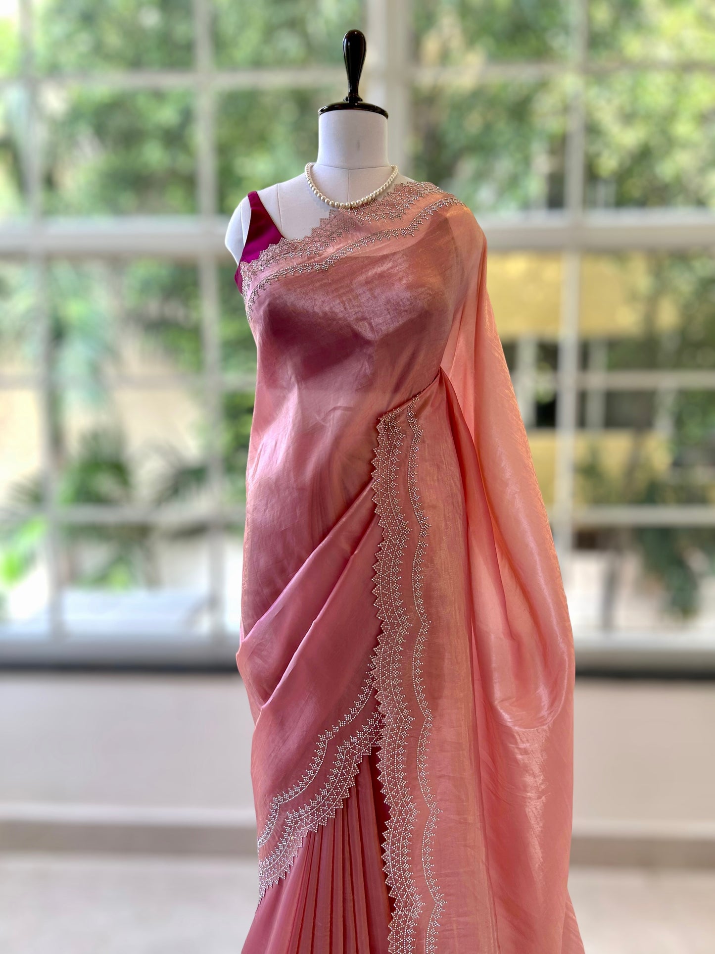 Rose gold embellished organza saree