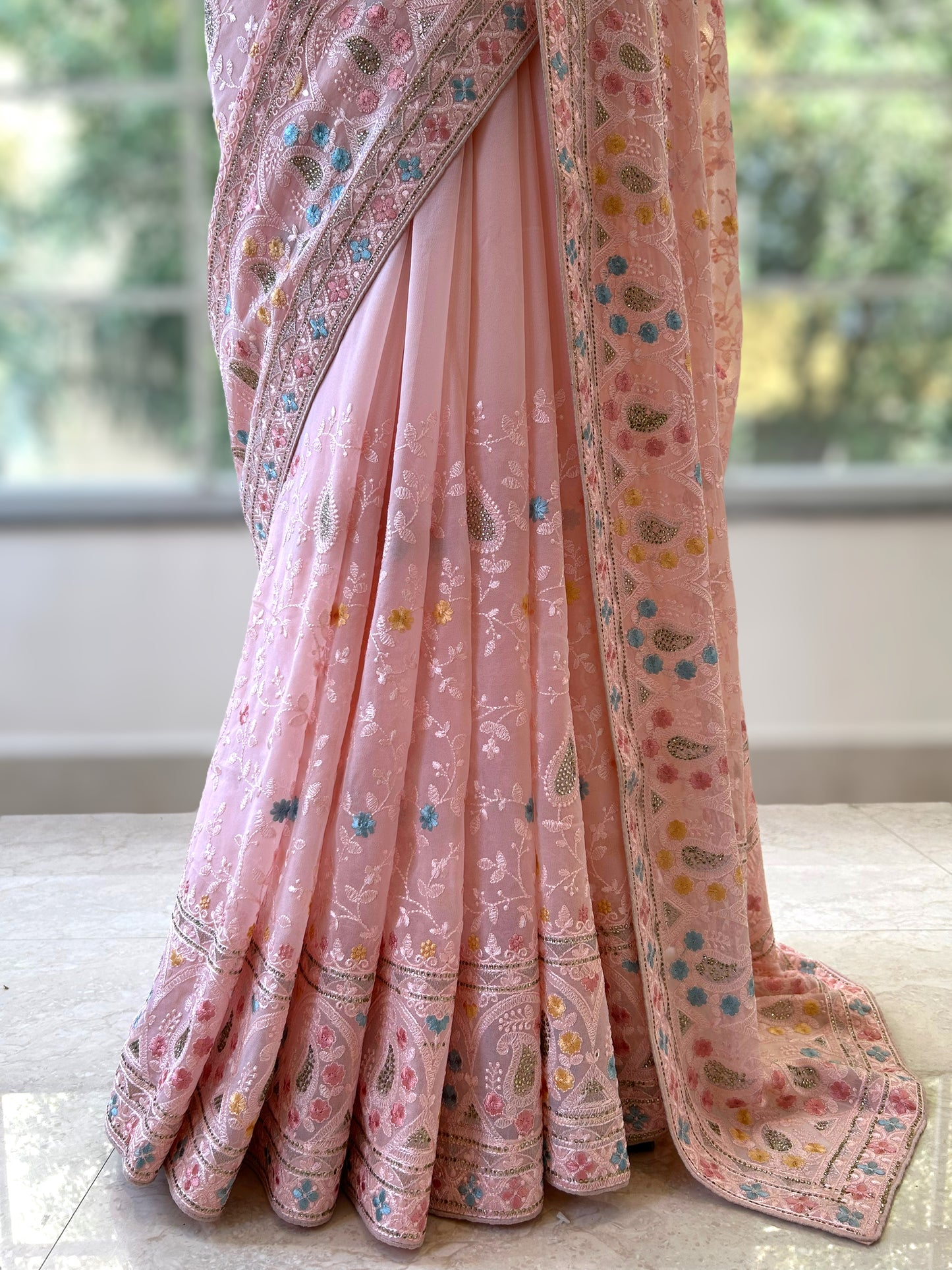 Baby Pink kashmiri work saree