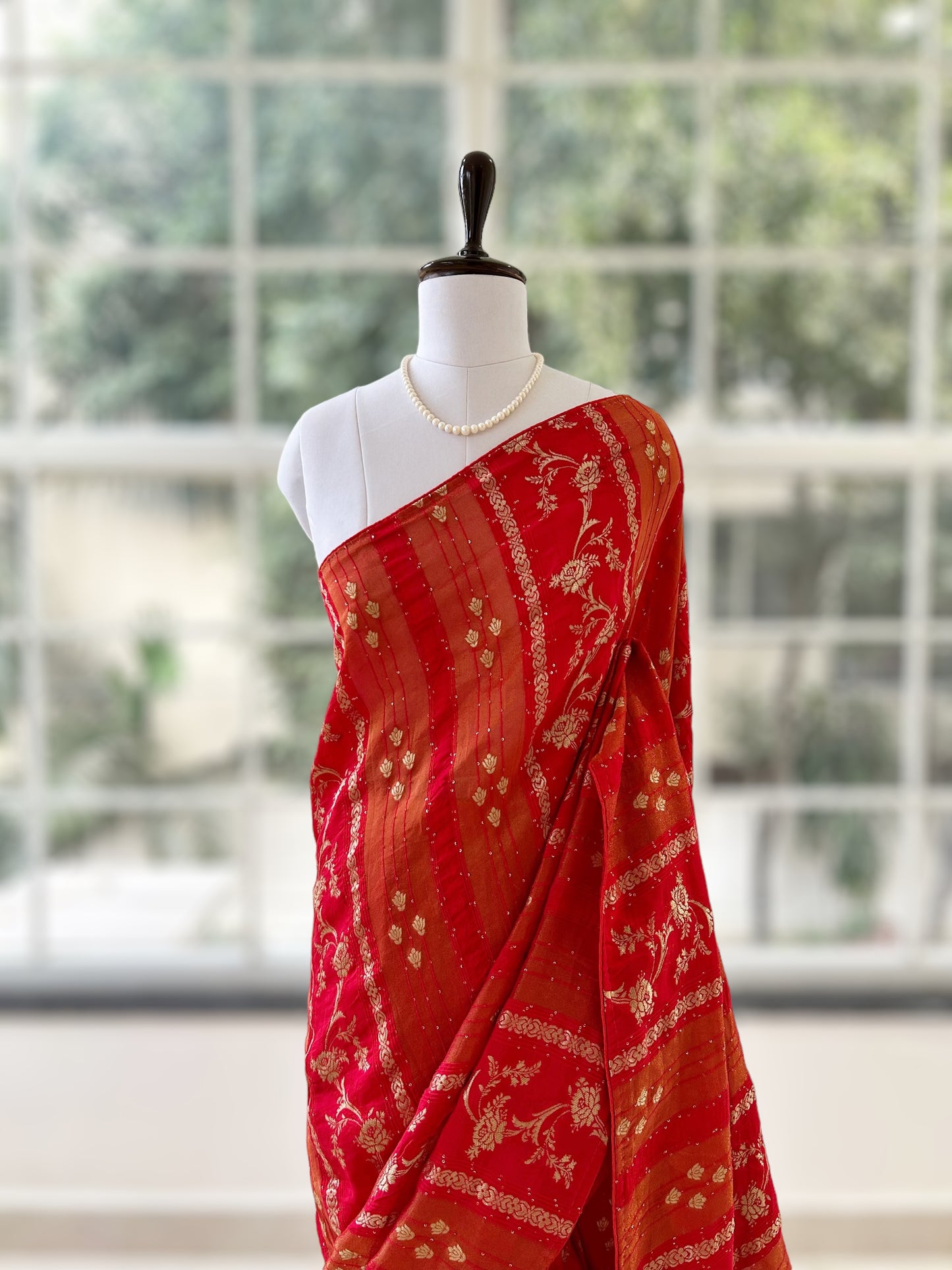 Red dola silk sequins saree