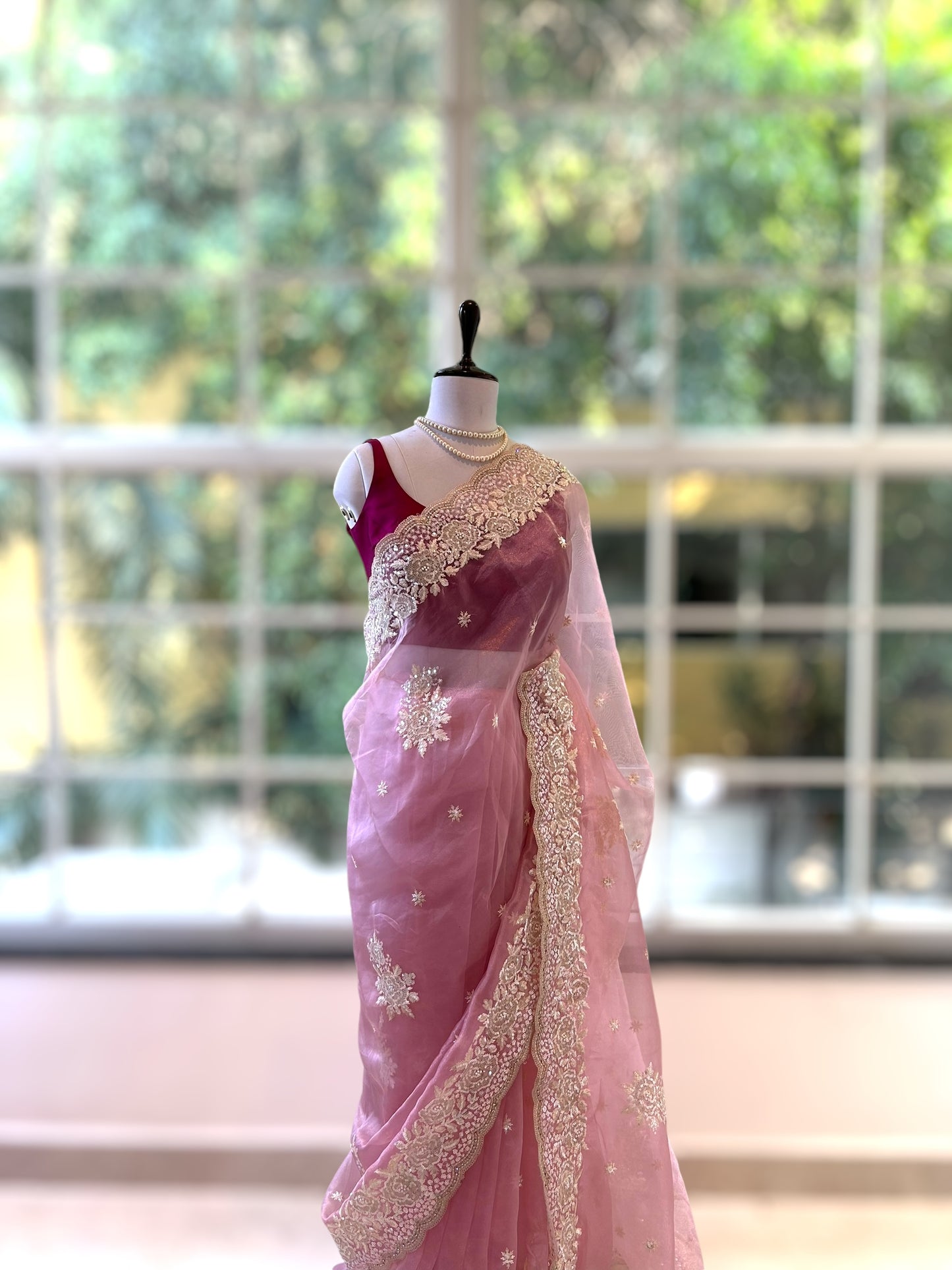 Baby pink pearls organza saree