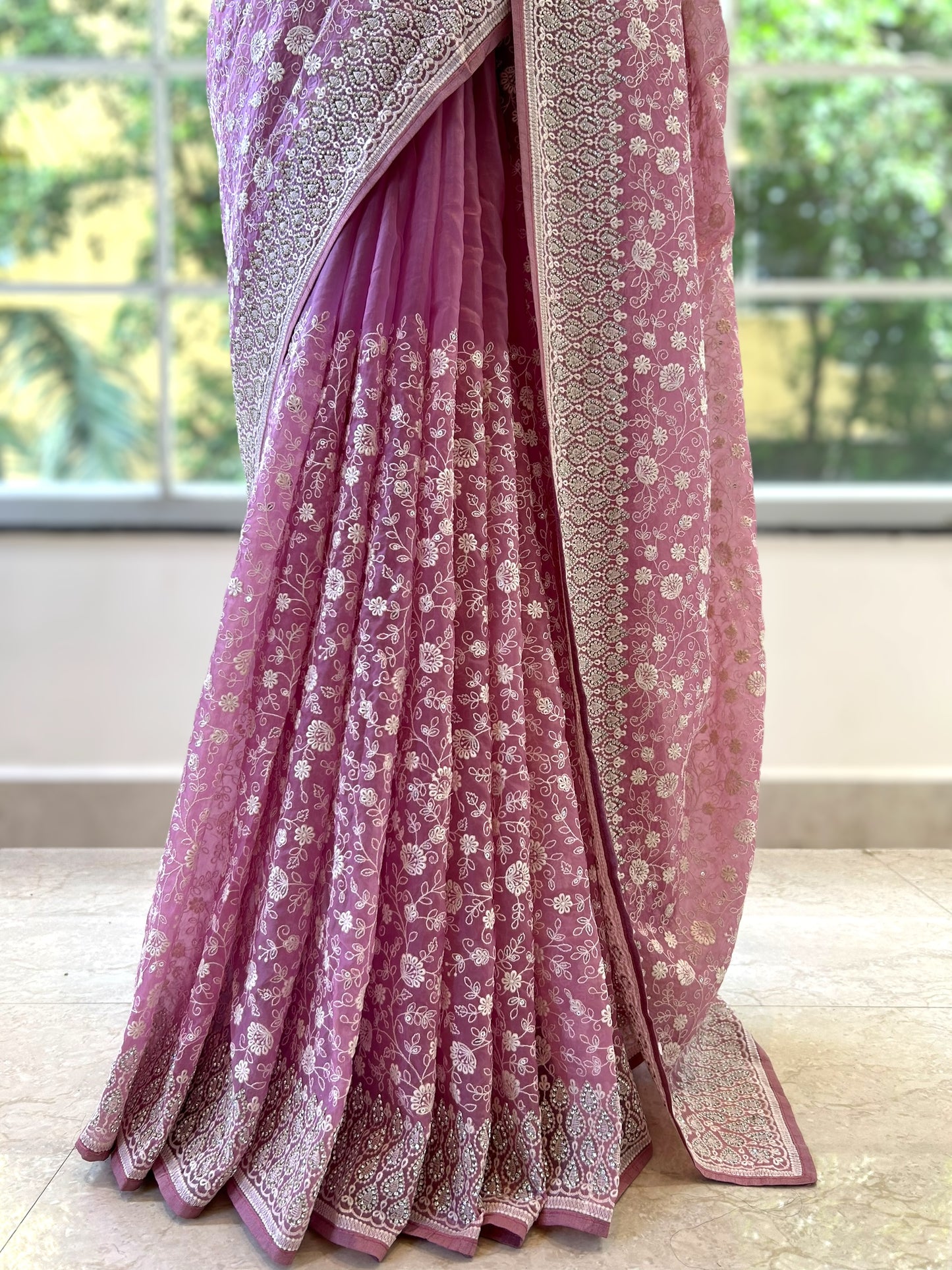 Floral embroidered organza saree - Pink