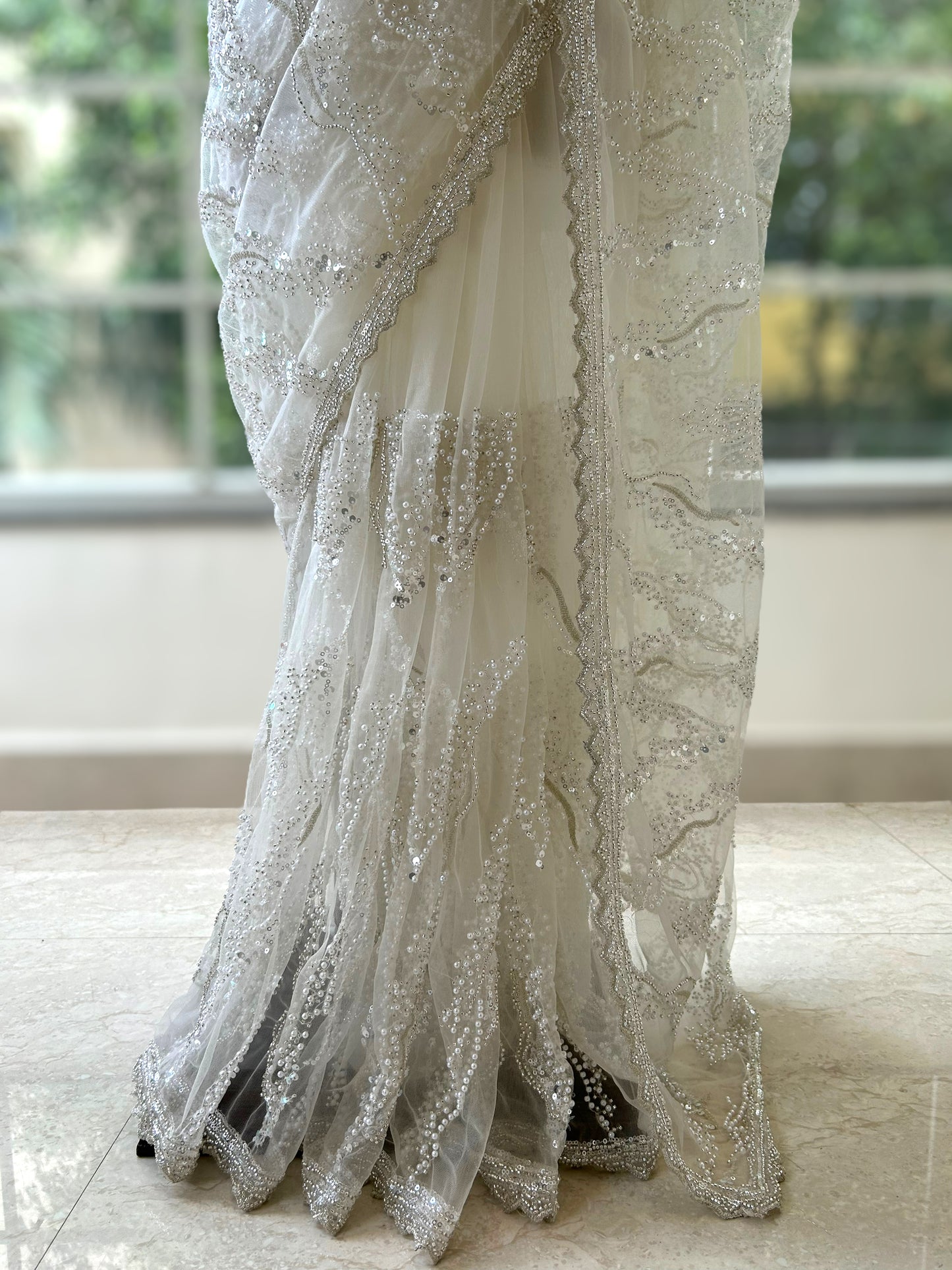 White sequins pearl saree