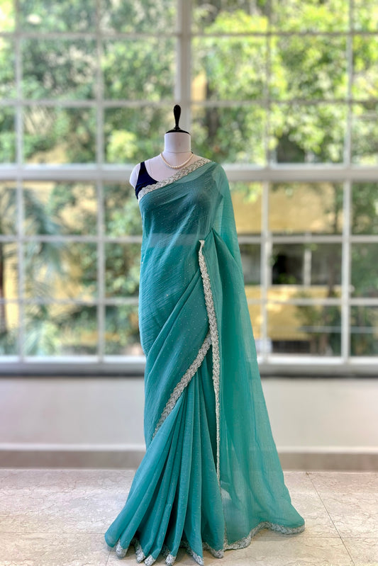 Marble chiffon embellished saree - Blue