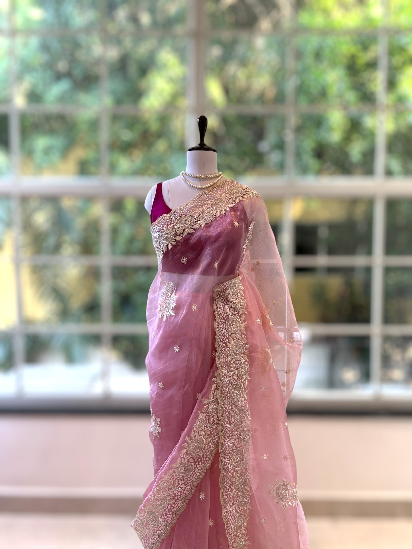 Baby pink pearls organza saree