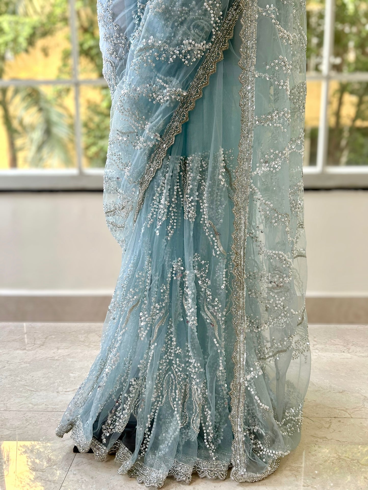 Sequins pearl saree - Sky Blue