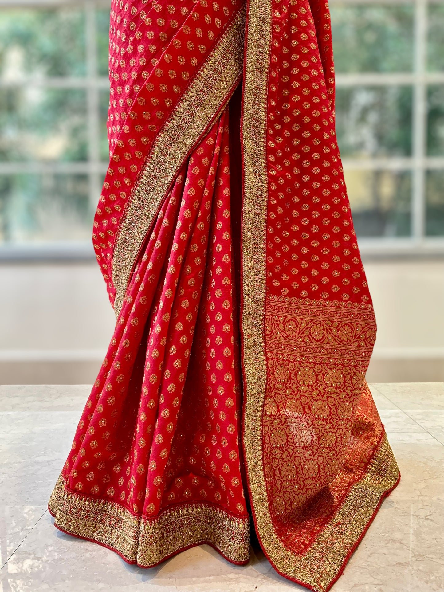 Red cotton silk buti saree