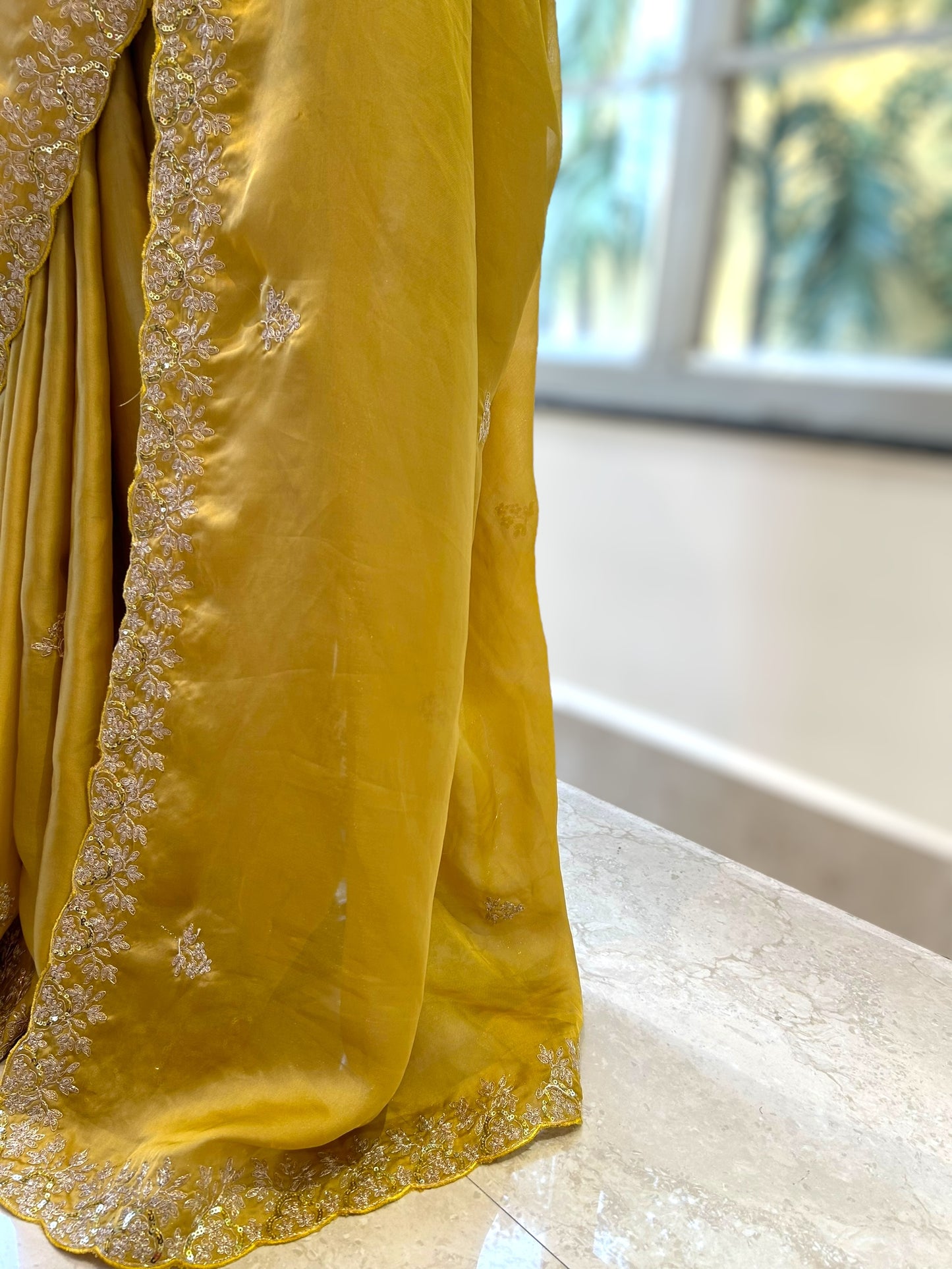 Satin chiffon aari work saree - Yellow