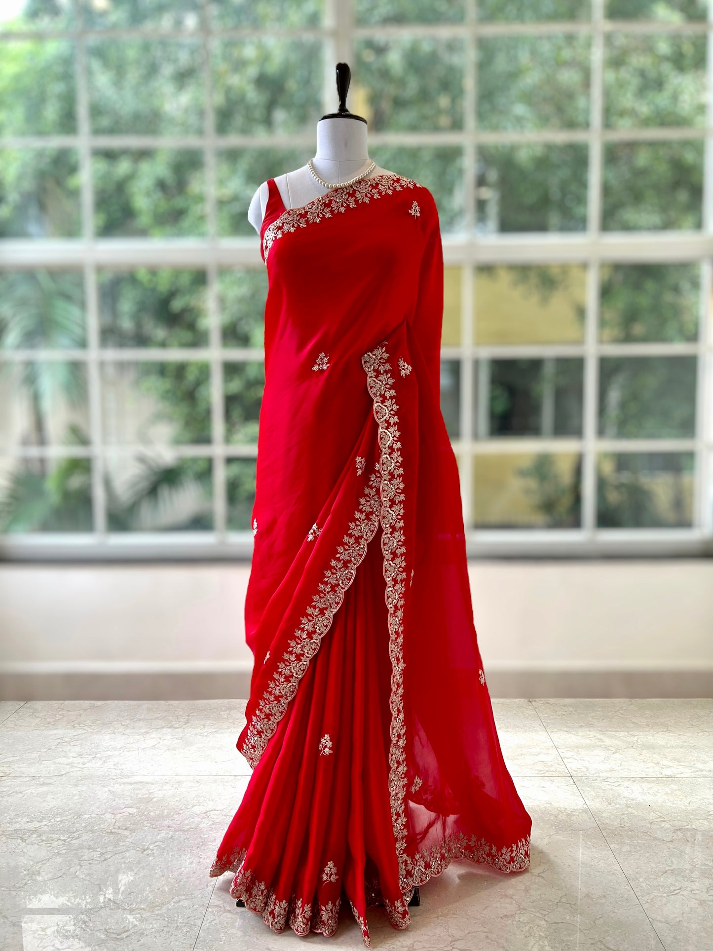 Satin chiffon aari work saree - Red