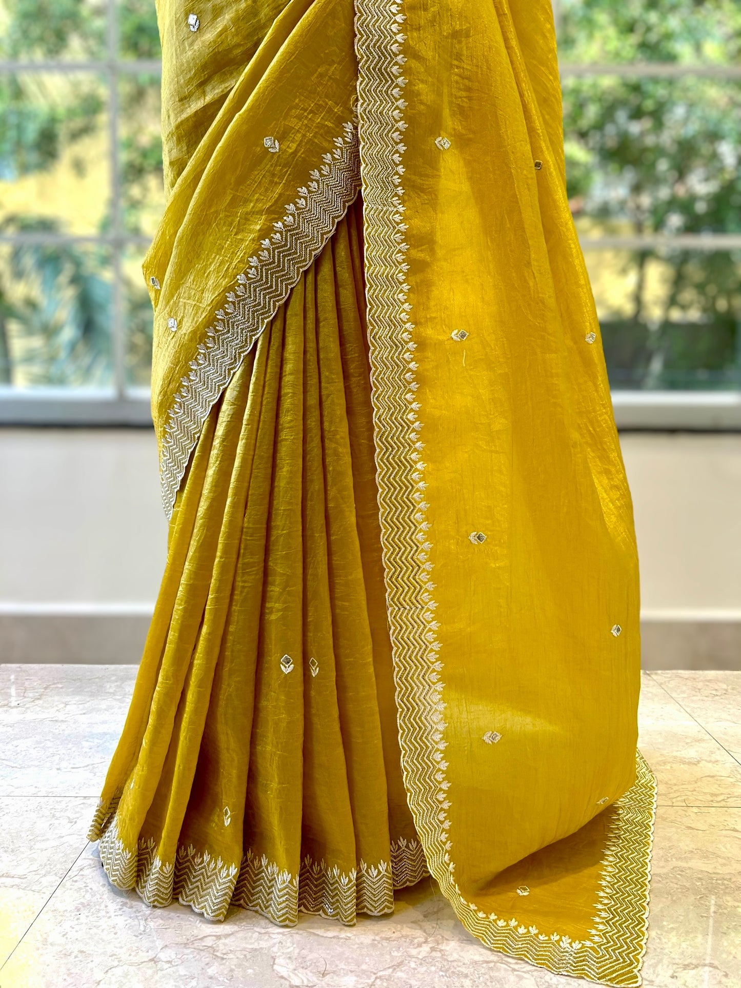 Threadwork organza saree - Yellow