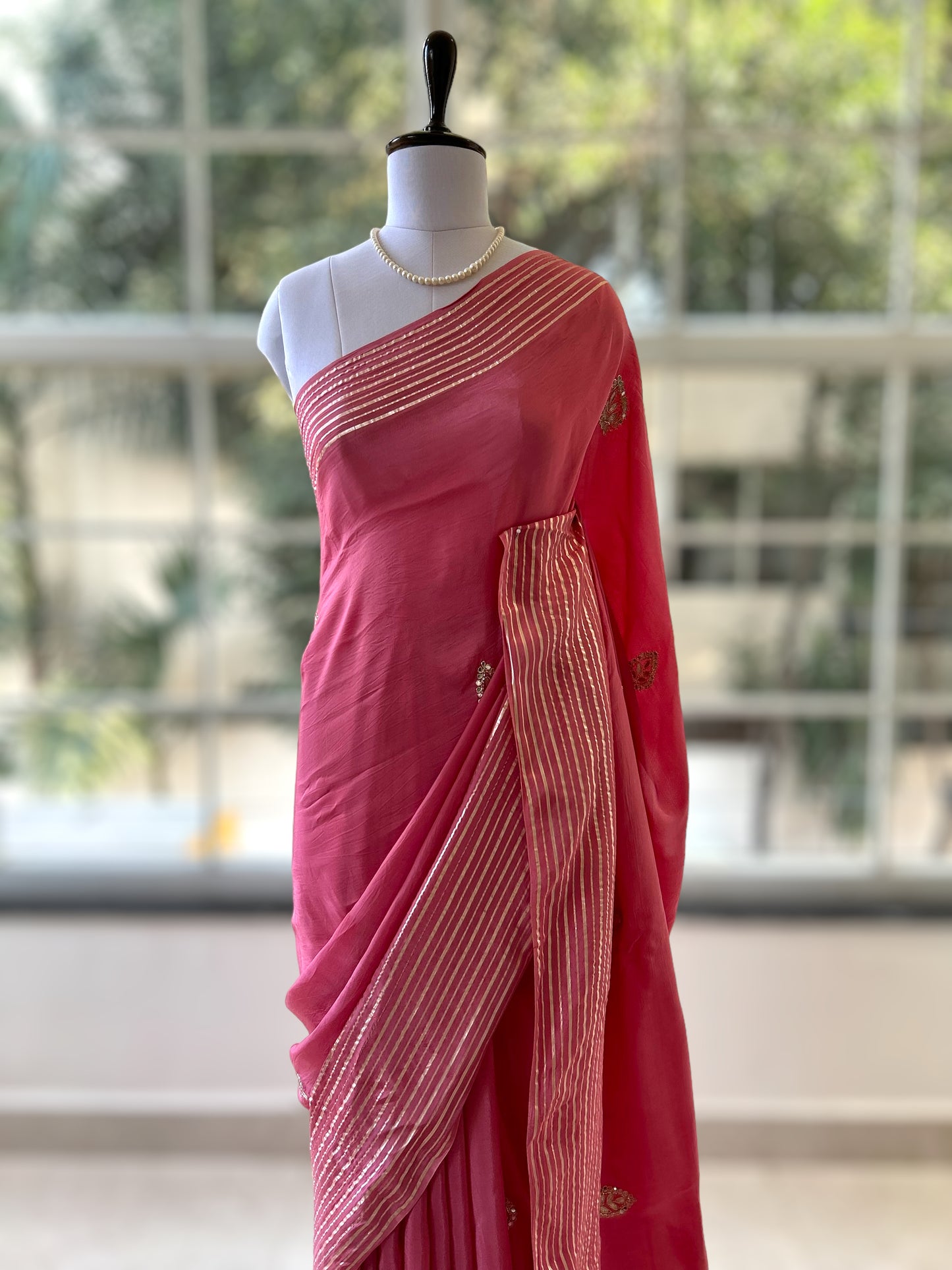 Pastel pink organza saree