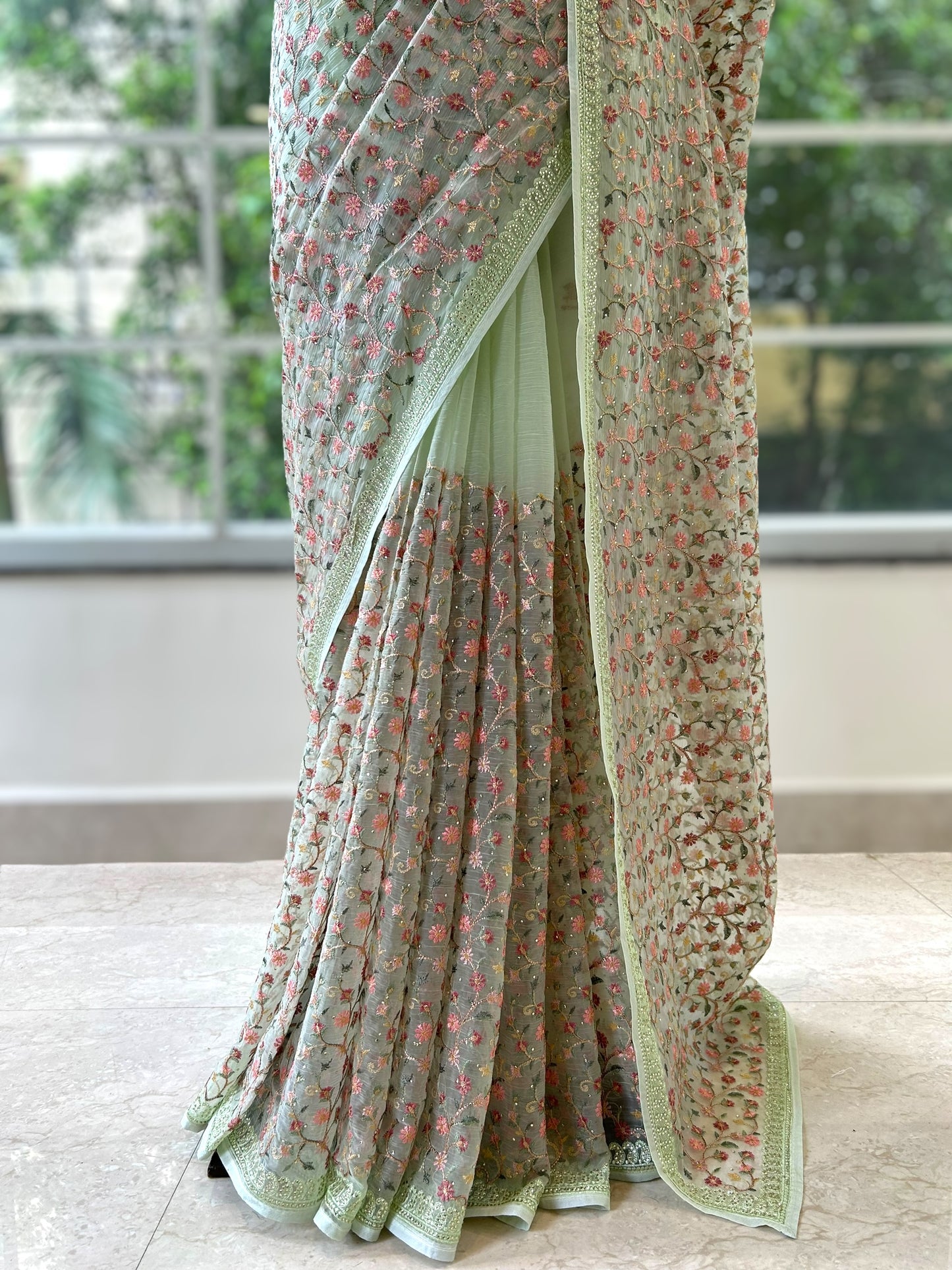 Floral embroidered chiffon saree - Green