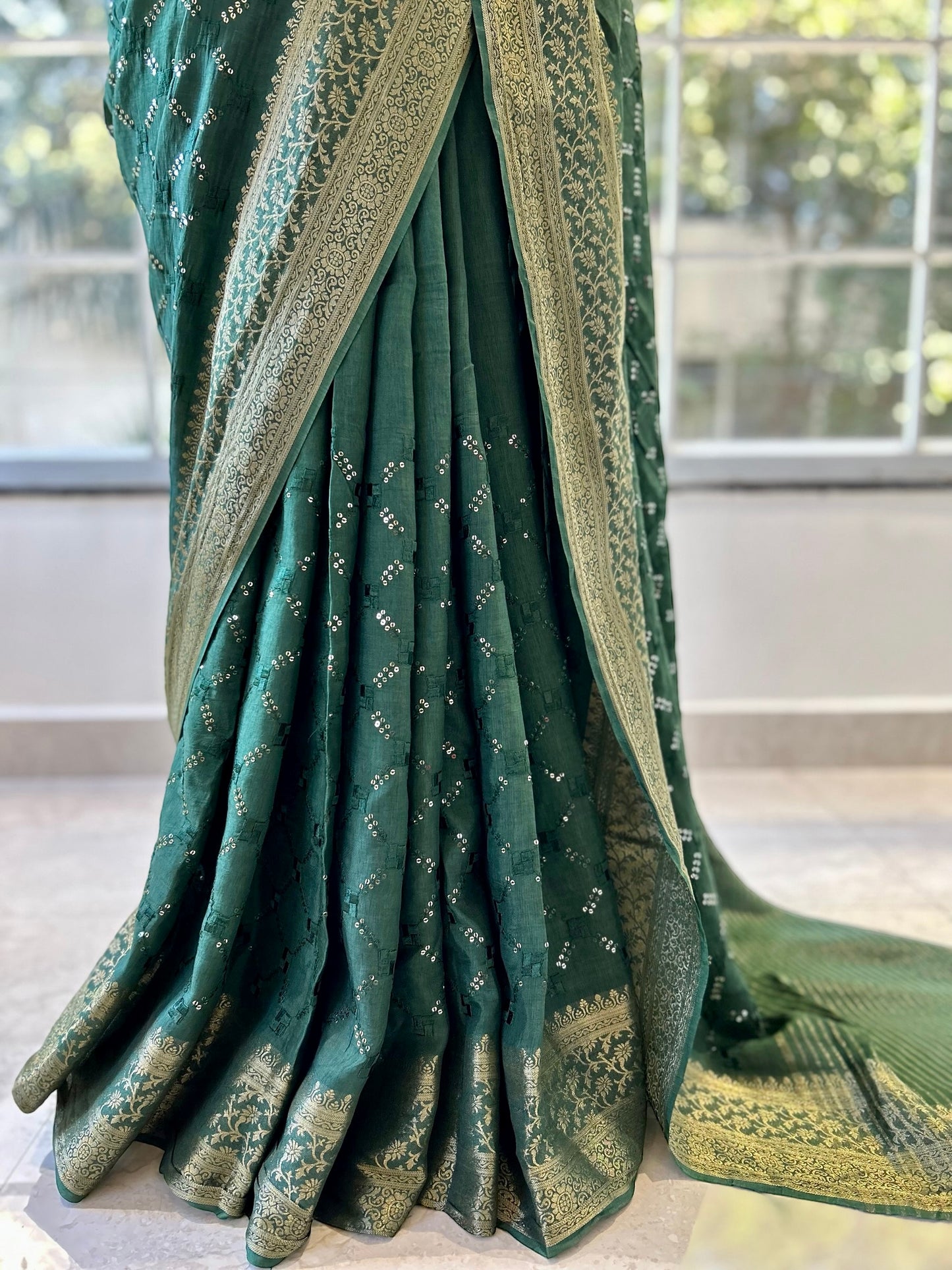 Bottle green sequins saree