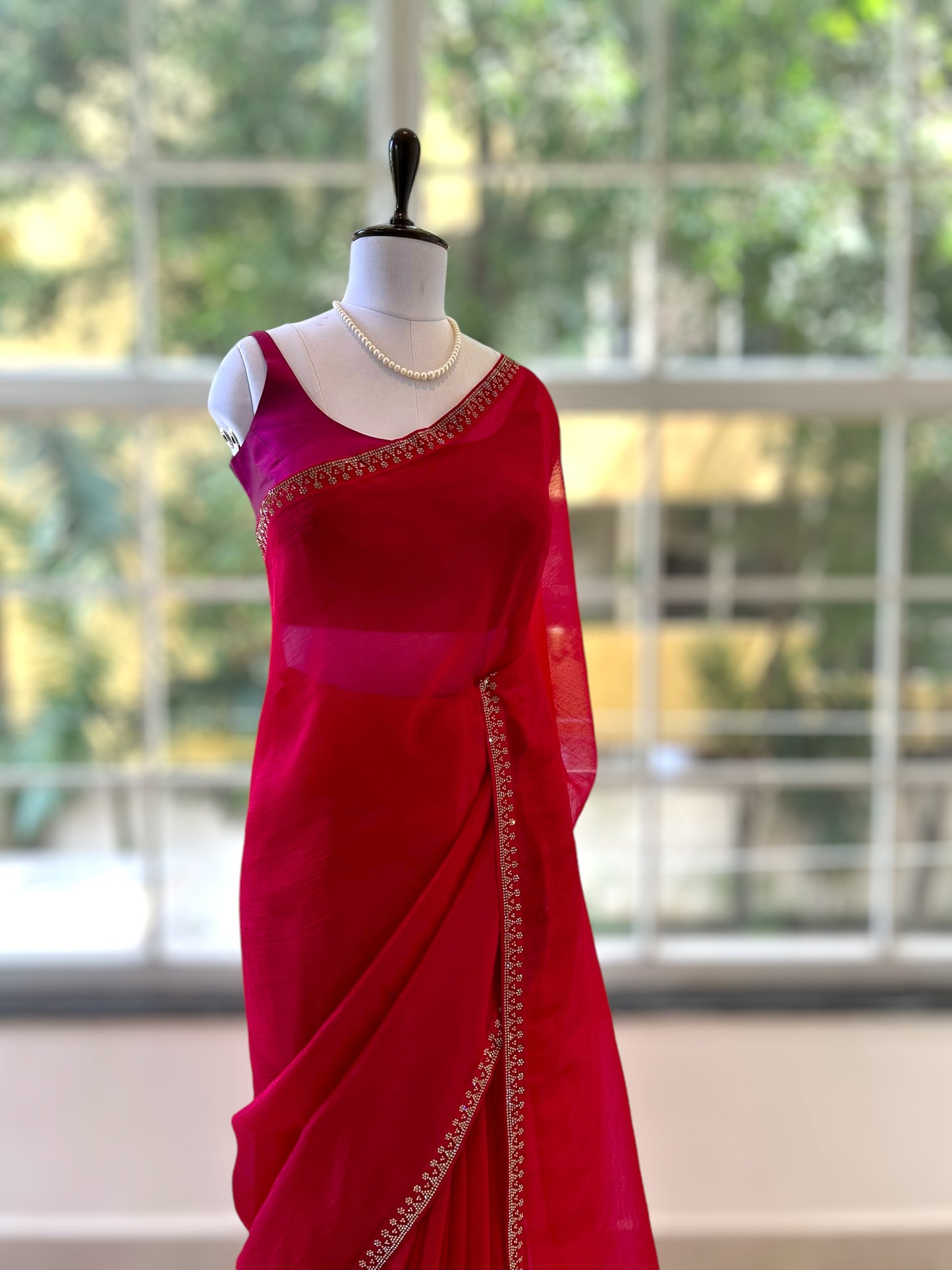 Crimson swarovski embellished chiffon saree