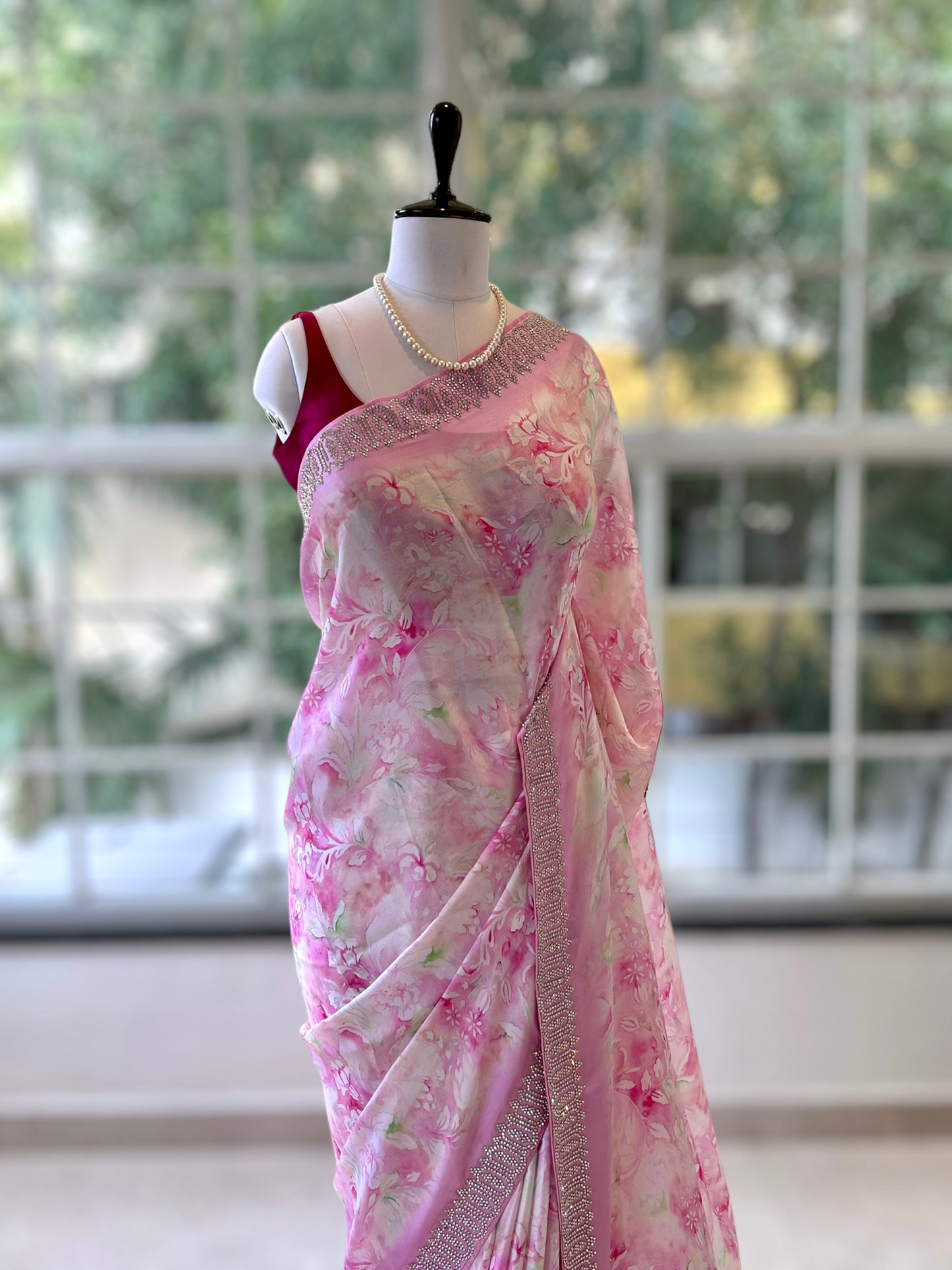 Floral print satin saree