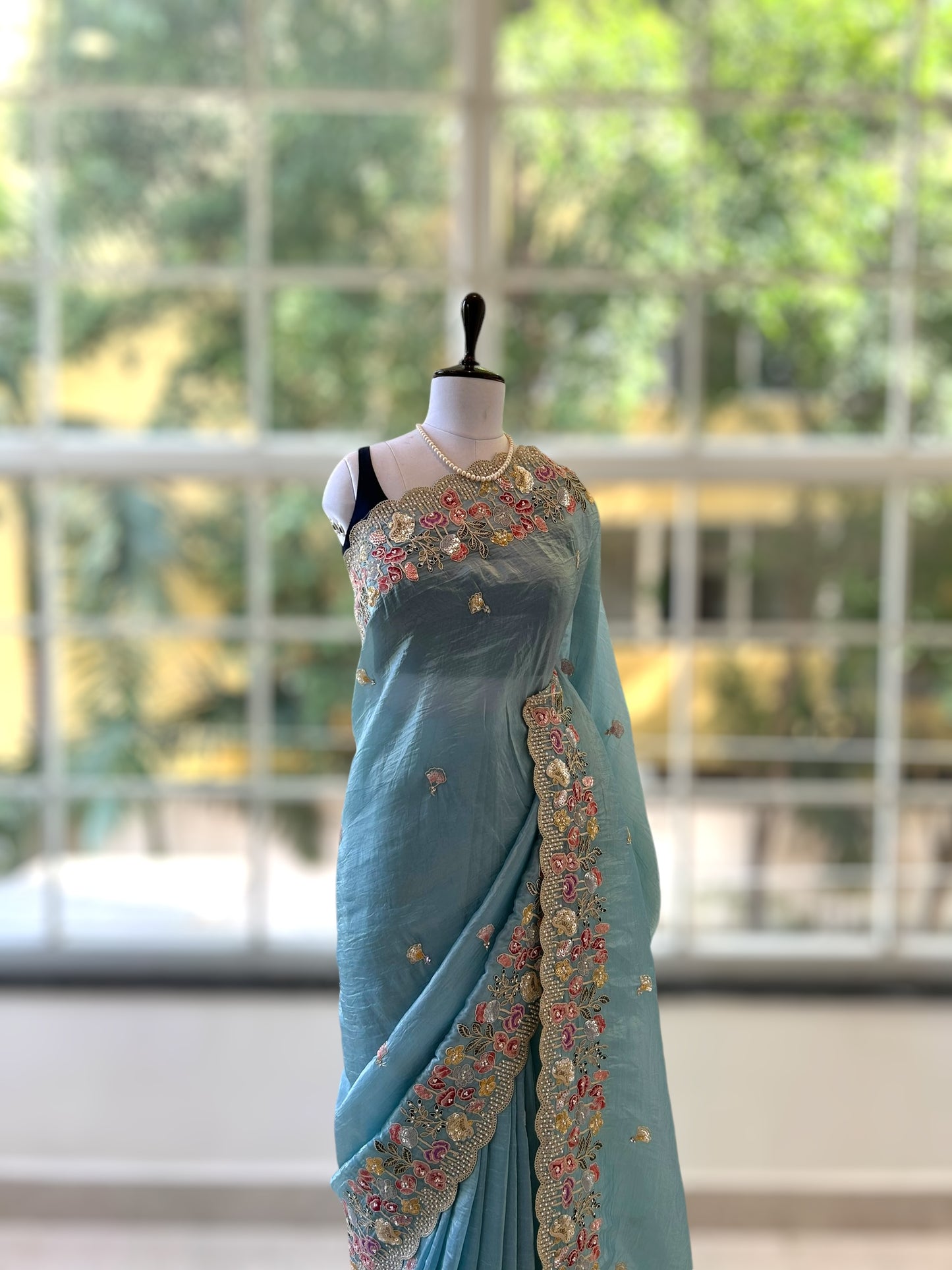 Pearl embroidered organza saree - Sky Blue