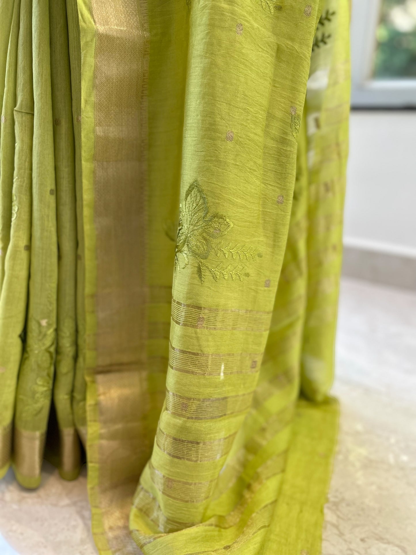 Parrot green pure soft chanderi cotton saree