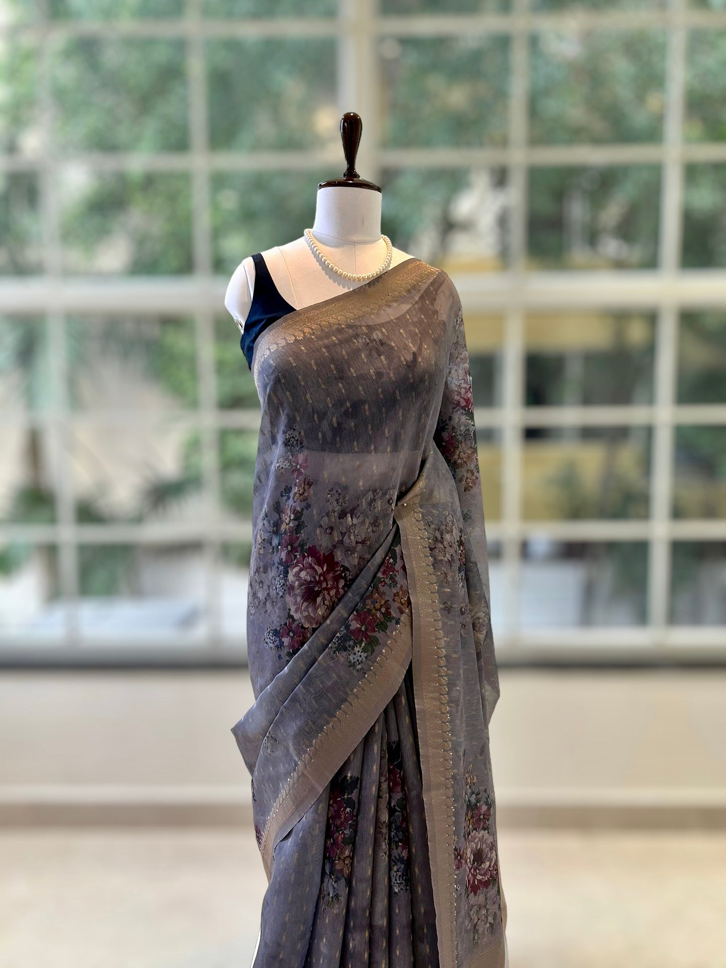 Grey organza zariwork saree