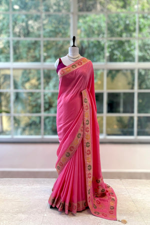 Plain pure dola silk saree - Pink