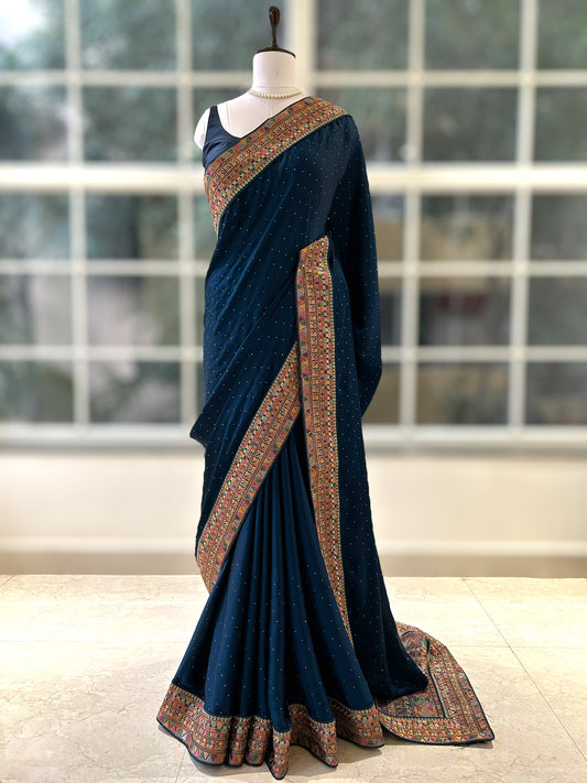 Navy blue pure satin swarovski saree