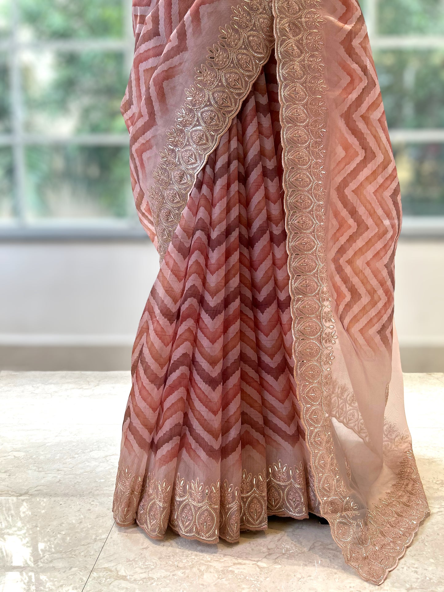 Leheriya print soft organza saree - Orange