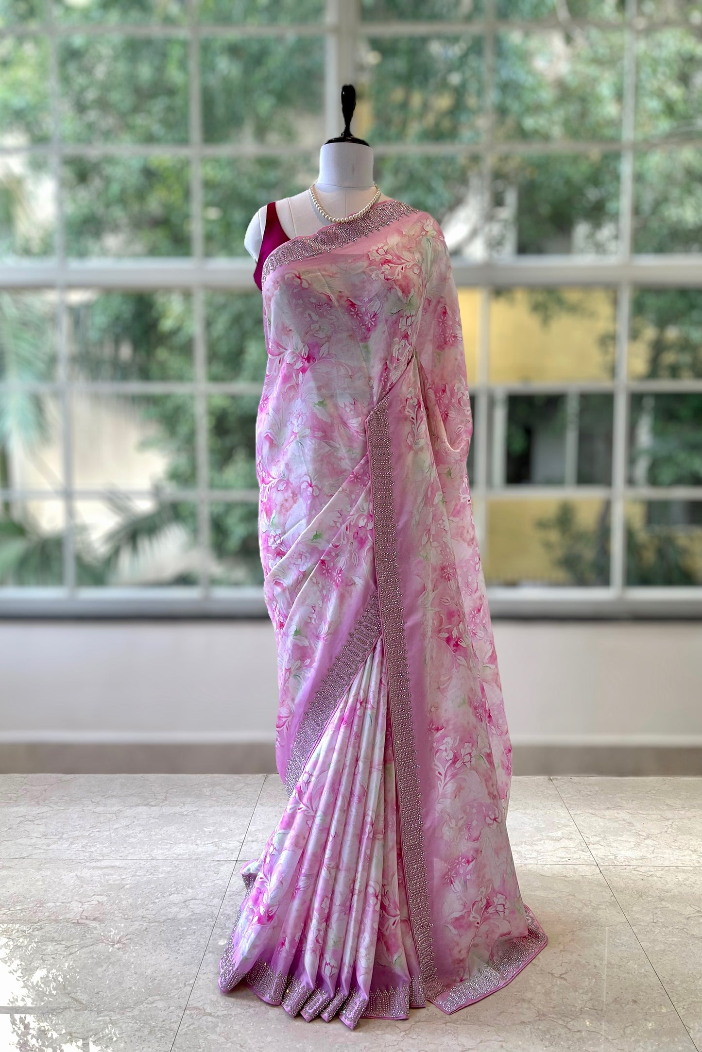 Floral print satin saree