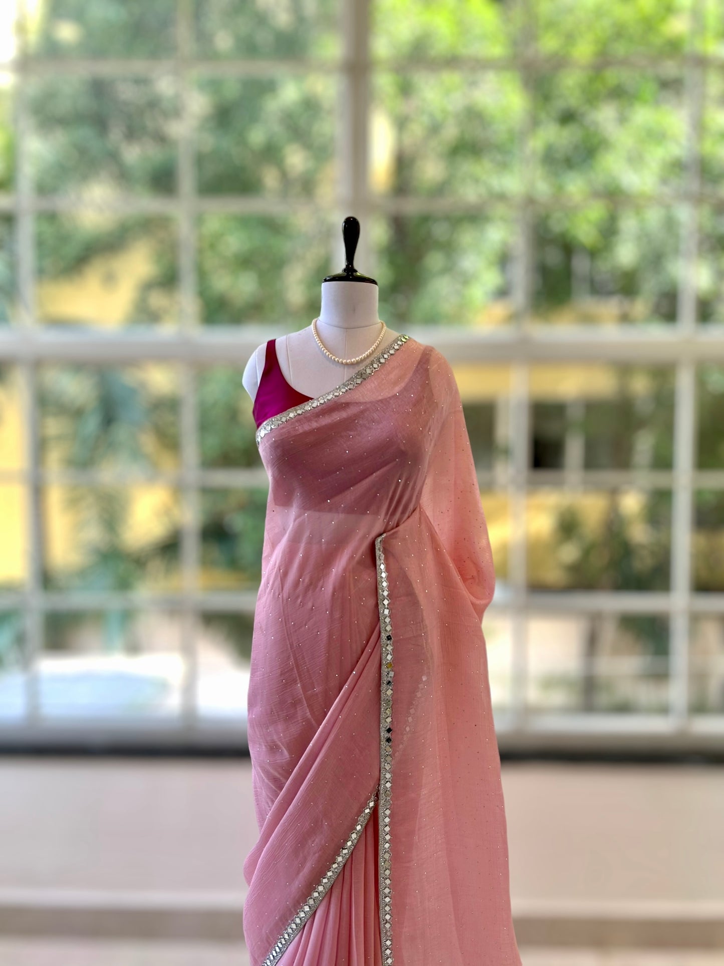 Pink mirror work chiffon saree