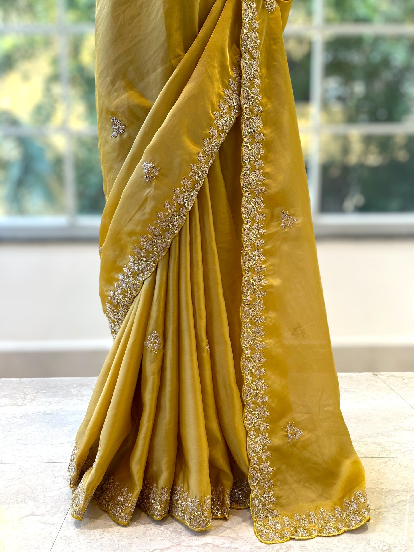 Satin chiffon aari work saree - Yellow