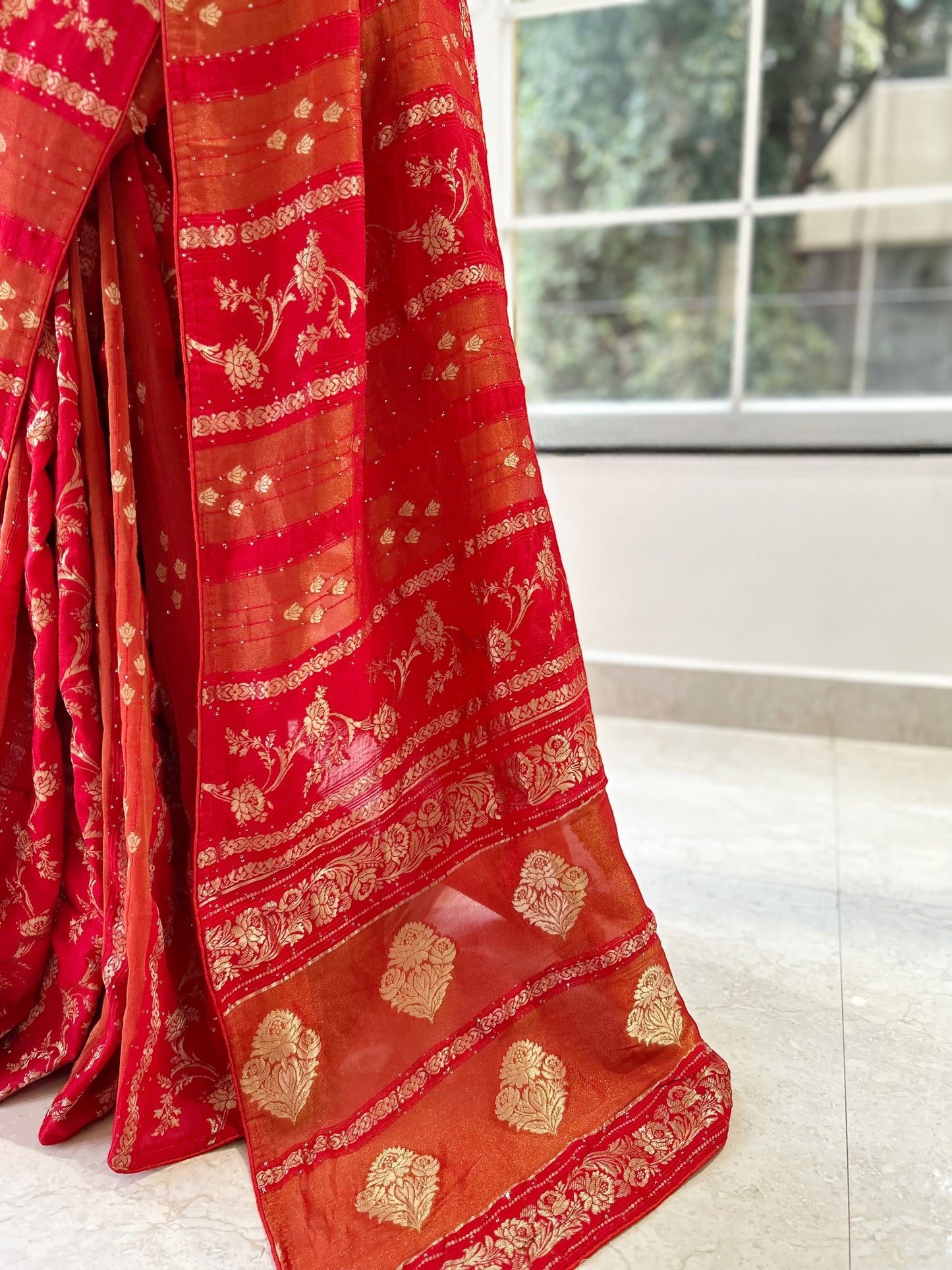 Red dola silk sequins saree